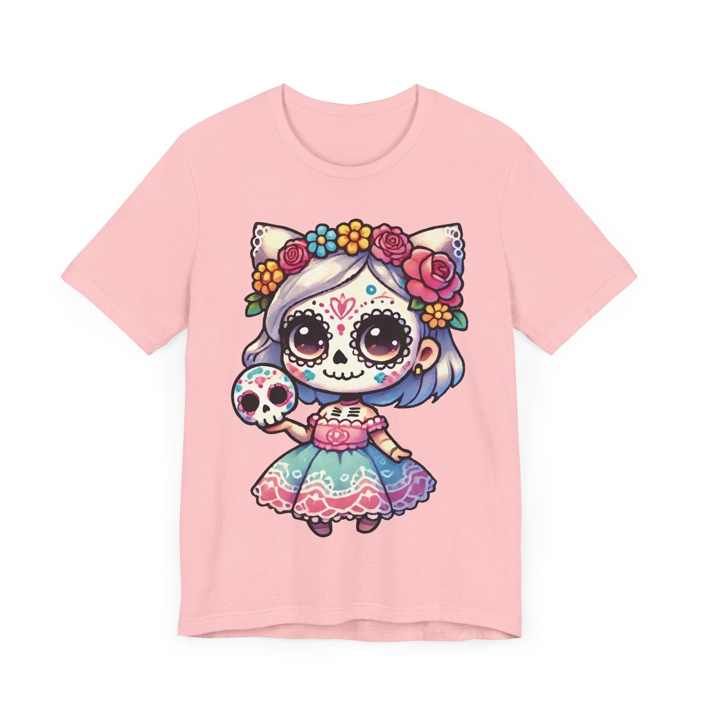 Kawaii Cat Sugar Skull Girl T-Shirt – Cute Day of the Dead Cat Girl Tee – Dia de los Muertos Shirt