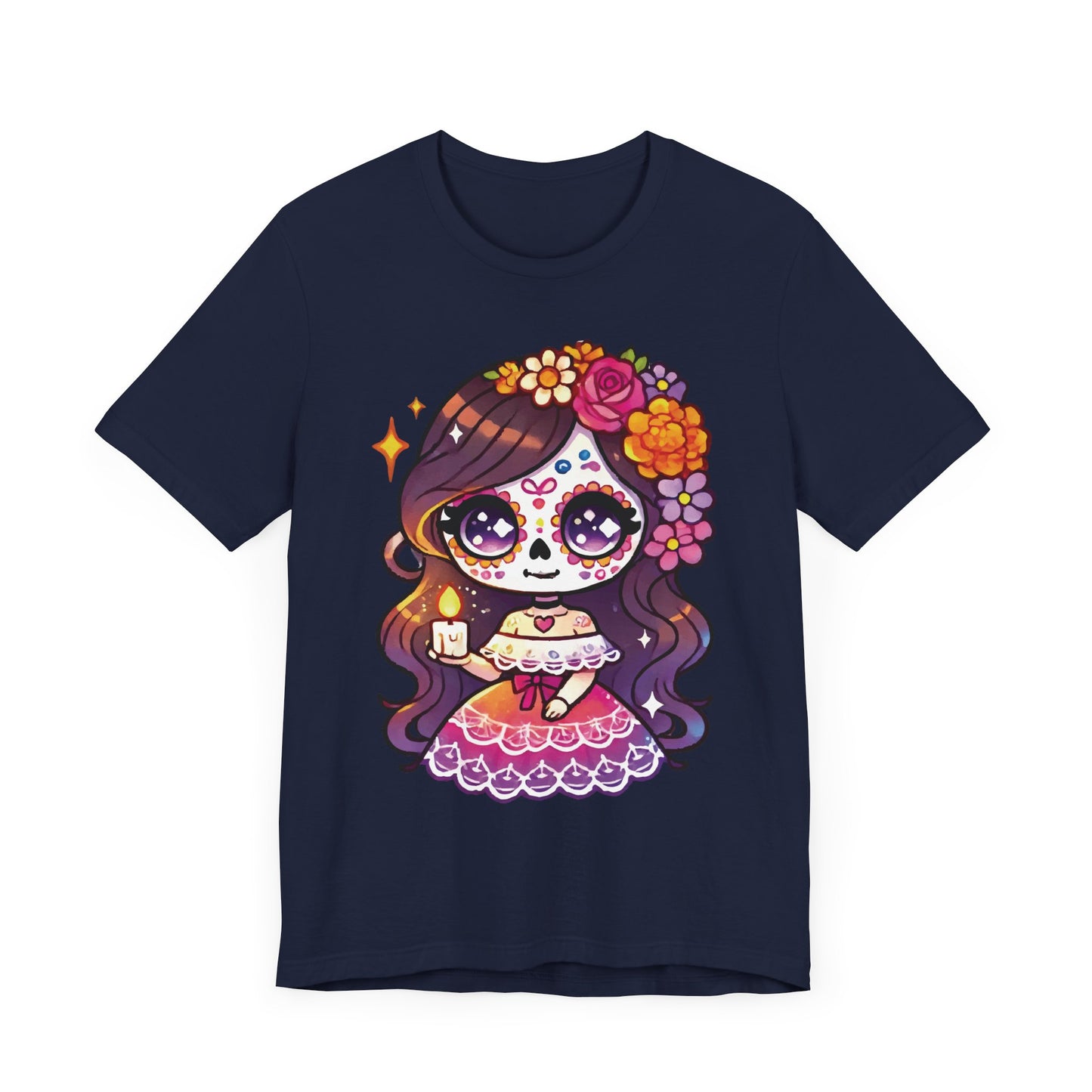 Kawaii Sugar Skull Girl with Candle T-Shirt - Día de los Muertos Cute Tee