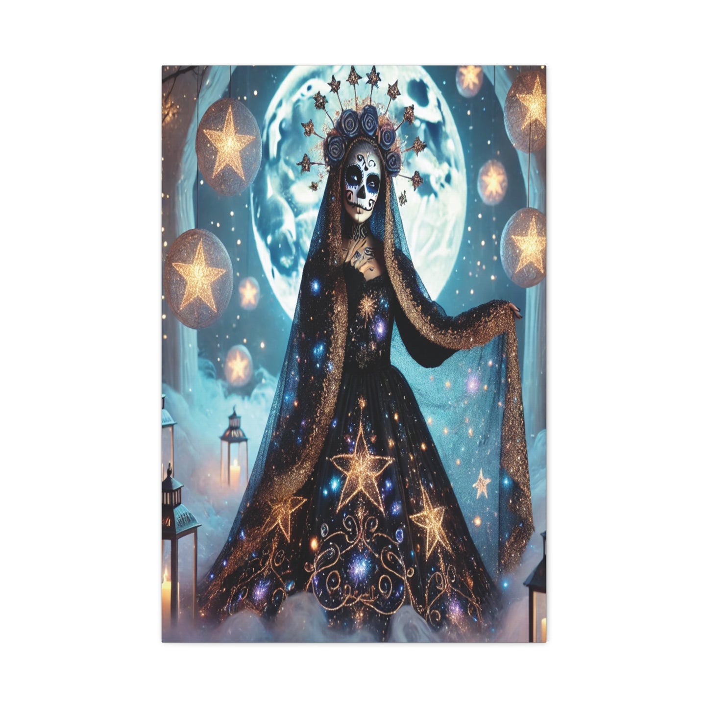 Celestial Sugar Skull Canvas Art – Starry Day of the Dead Goddess Print