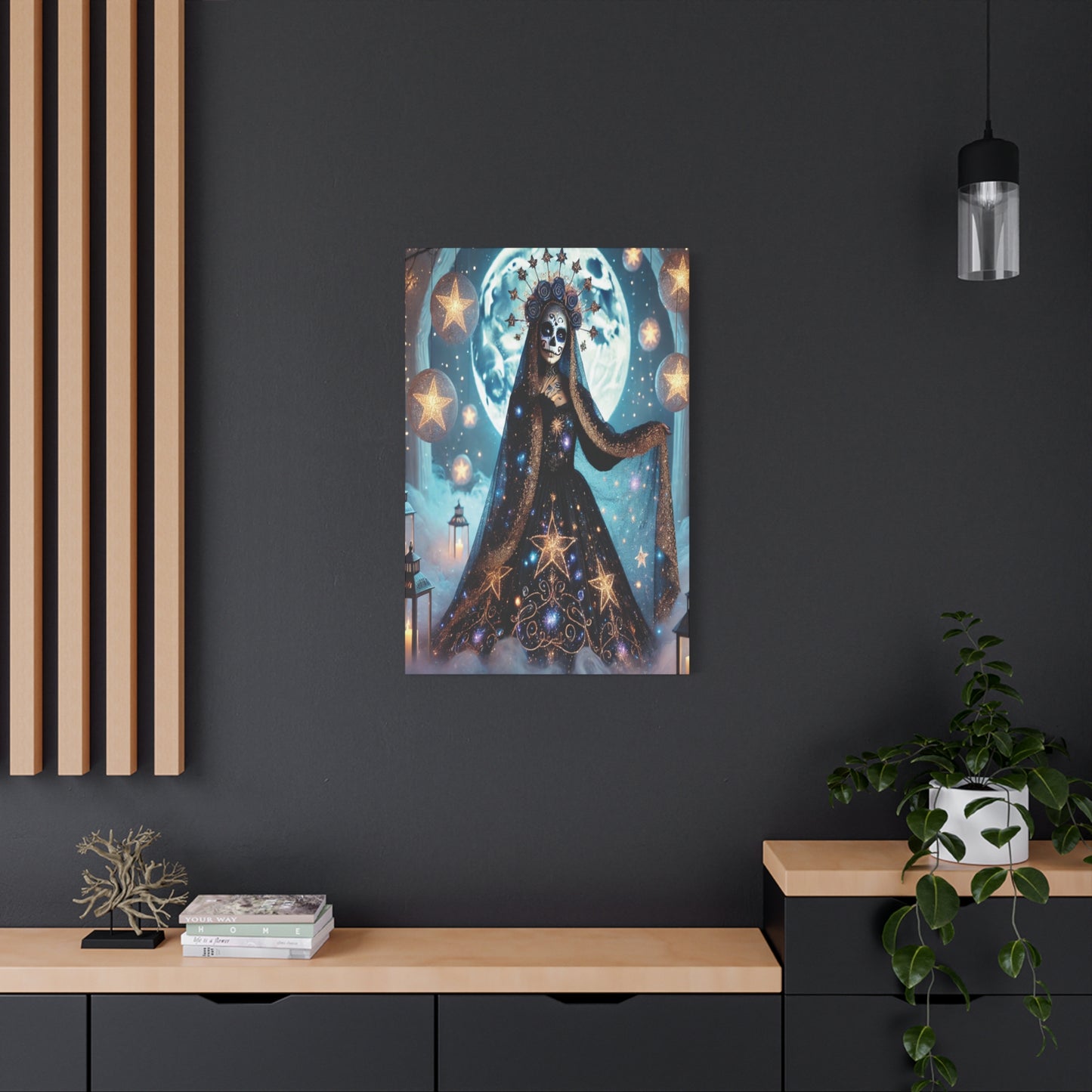 Celestial Sugar Skull Canvas Art – Starry Day of the Dead Goddess Print