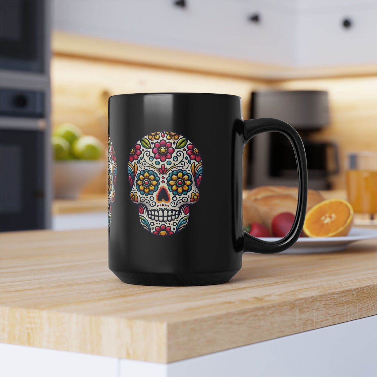 Day of the Dead Sugar Skull Black Mug – Colorful Floral Skull Design