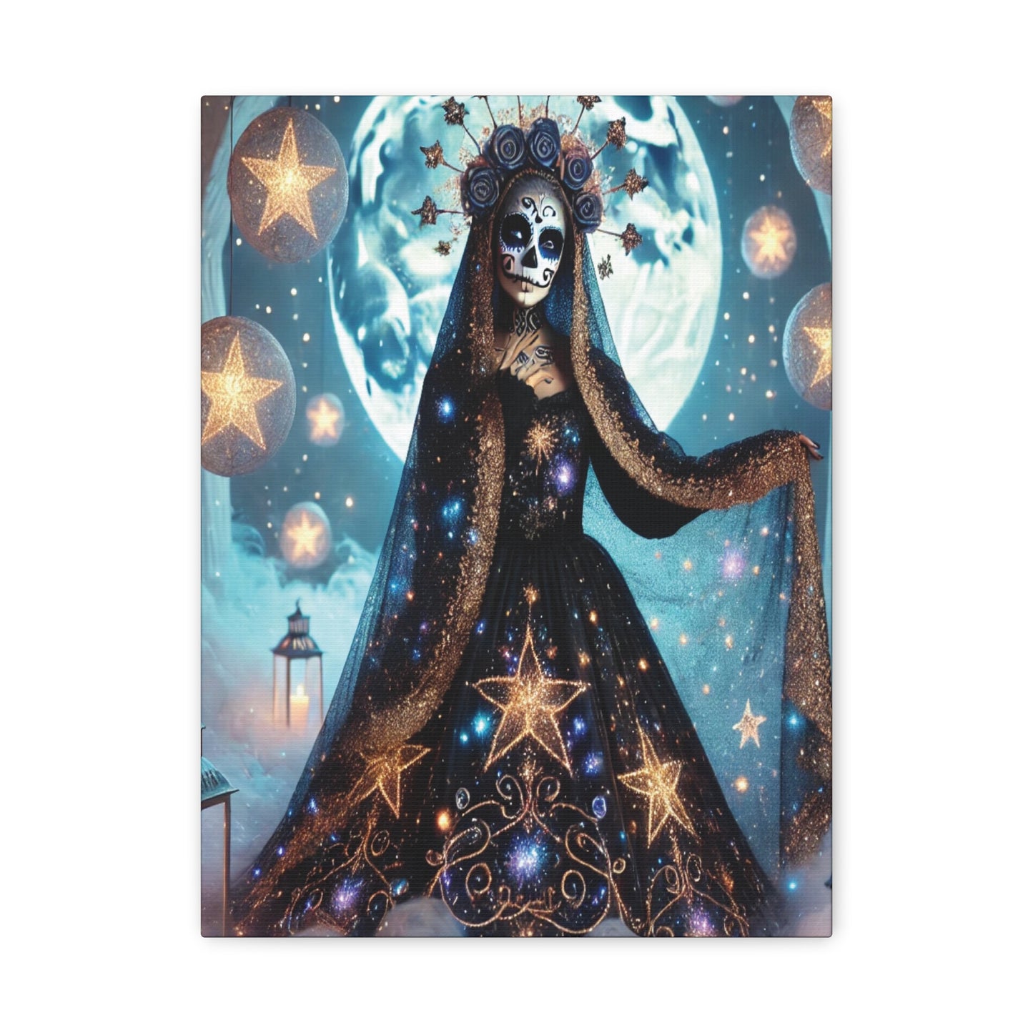 Celestial Sugar Skull Canvas Art – Starry Day of the Dead Goddess Print