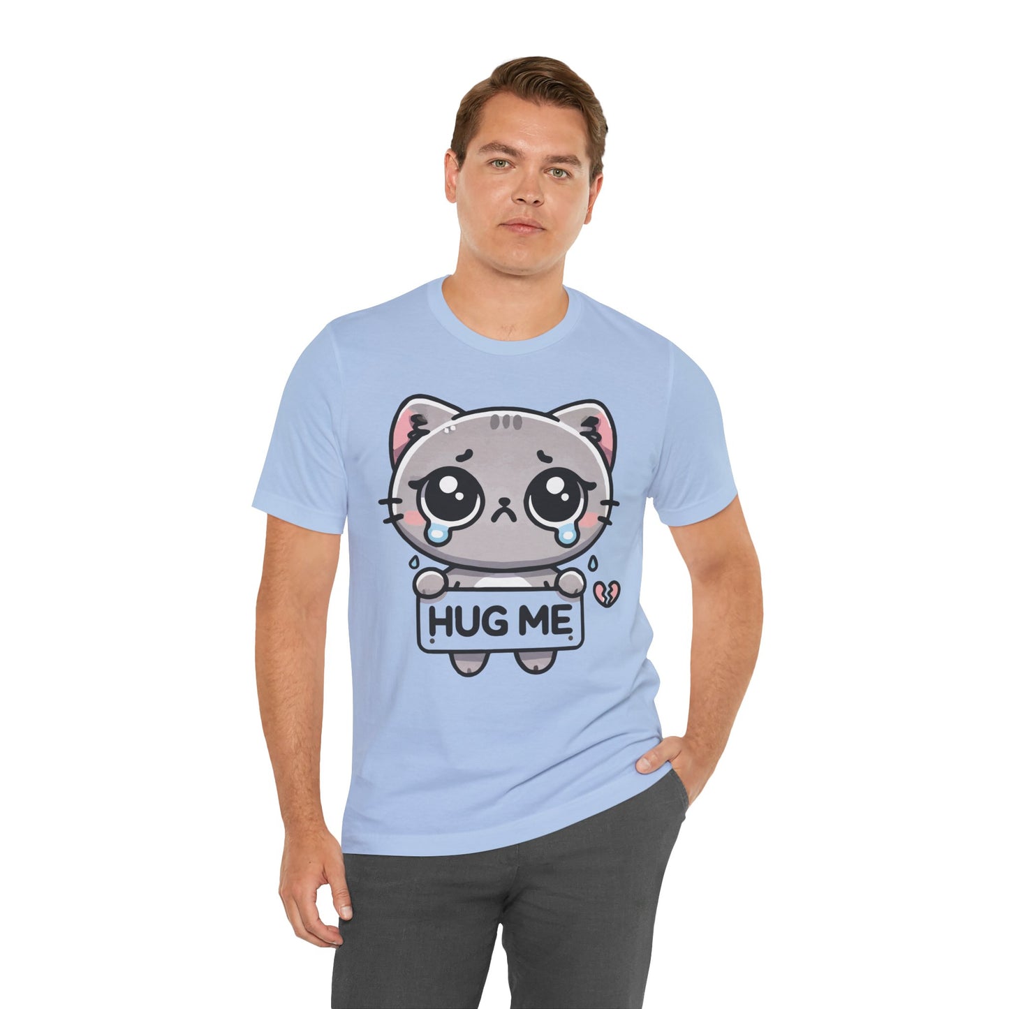 Hug Me T-Shirt – Sad Kawaii Cat Graphic Tee – Cute & Emotional Anime Style Shirt