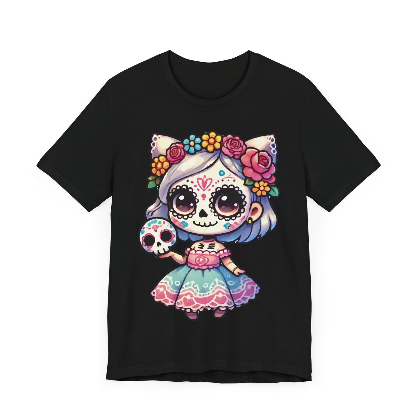Kawaii Cat Sugar Skull Girl T-Shirt – Cute Day of the Dead Cat Girl Tee – Dia de los Muertos Shirt