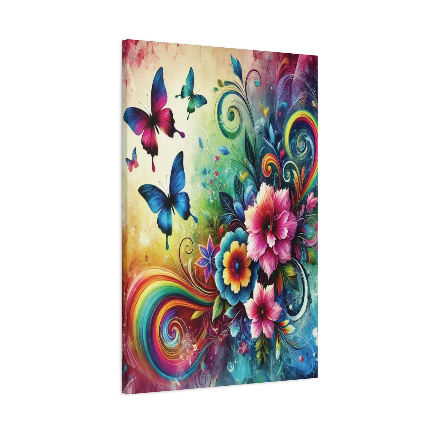 Whimsical Rainbow Floral Canvas – Colorful Flowers & Butterflies Wall Art