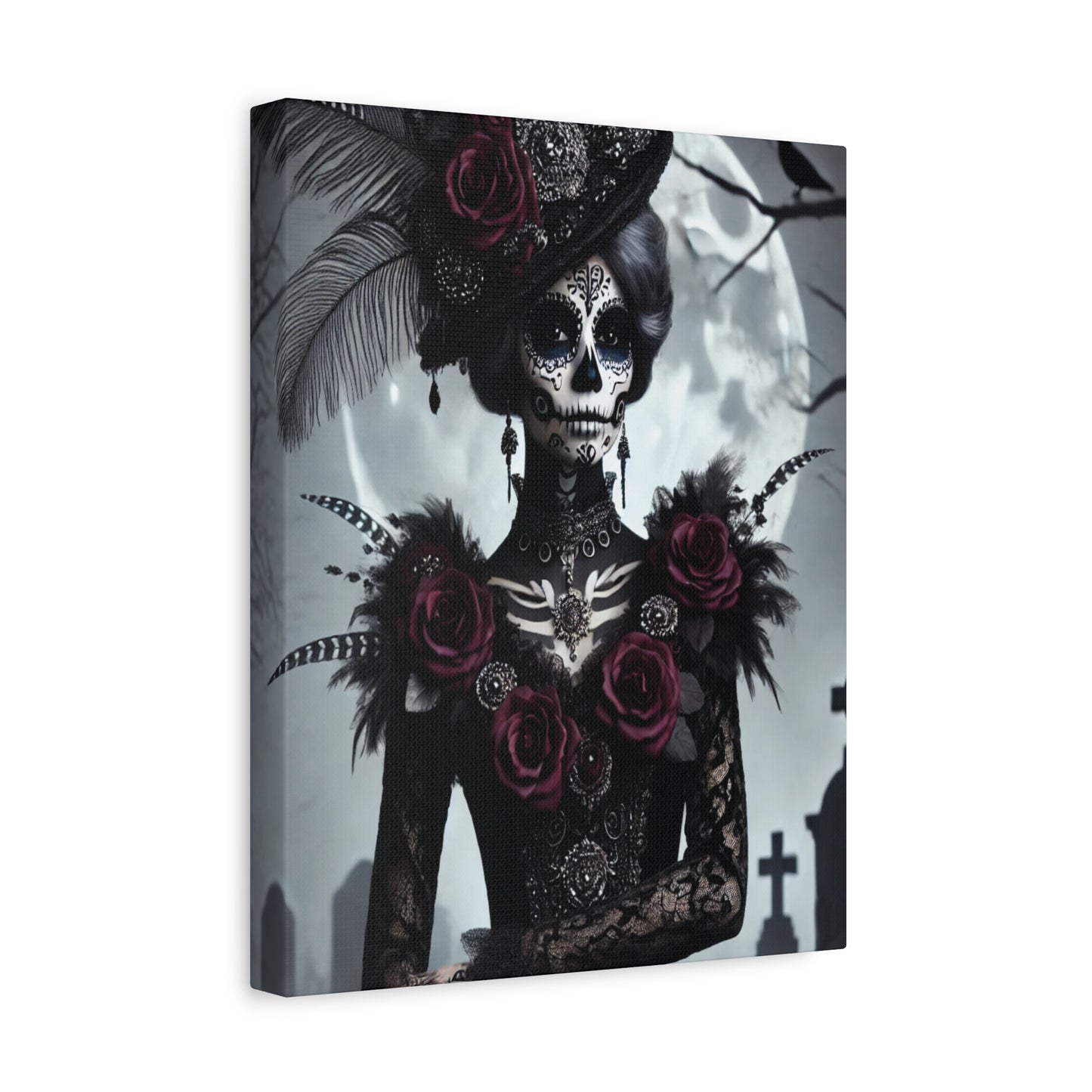 Dark Elegance Sugar Skull Canvas – Gothic Day of the Dead Rose Queen Print