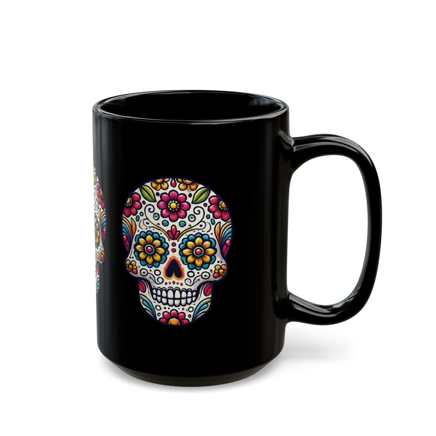 Day of the Dead Sugar Skull Black Mug – Colorful Floral Skull Design