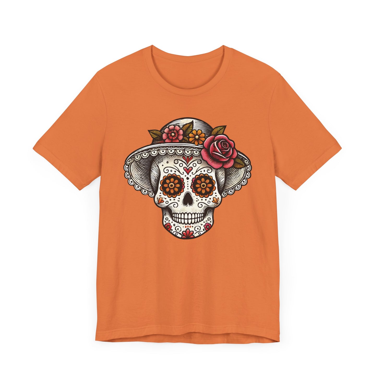 Elegant Catrina Sugar Skull T-Shirt – Lady Skull with Floral Hat – Día de los Muertos Art Tee
