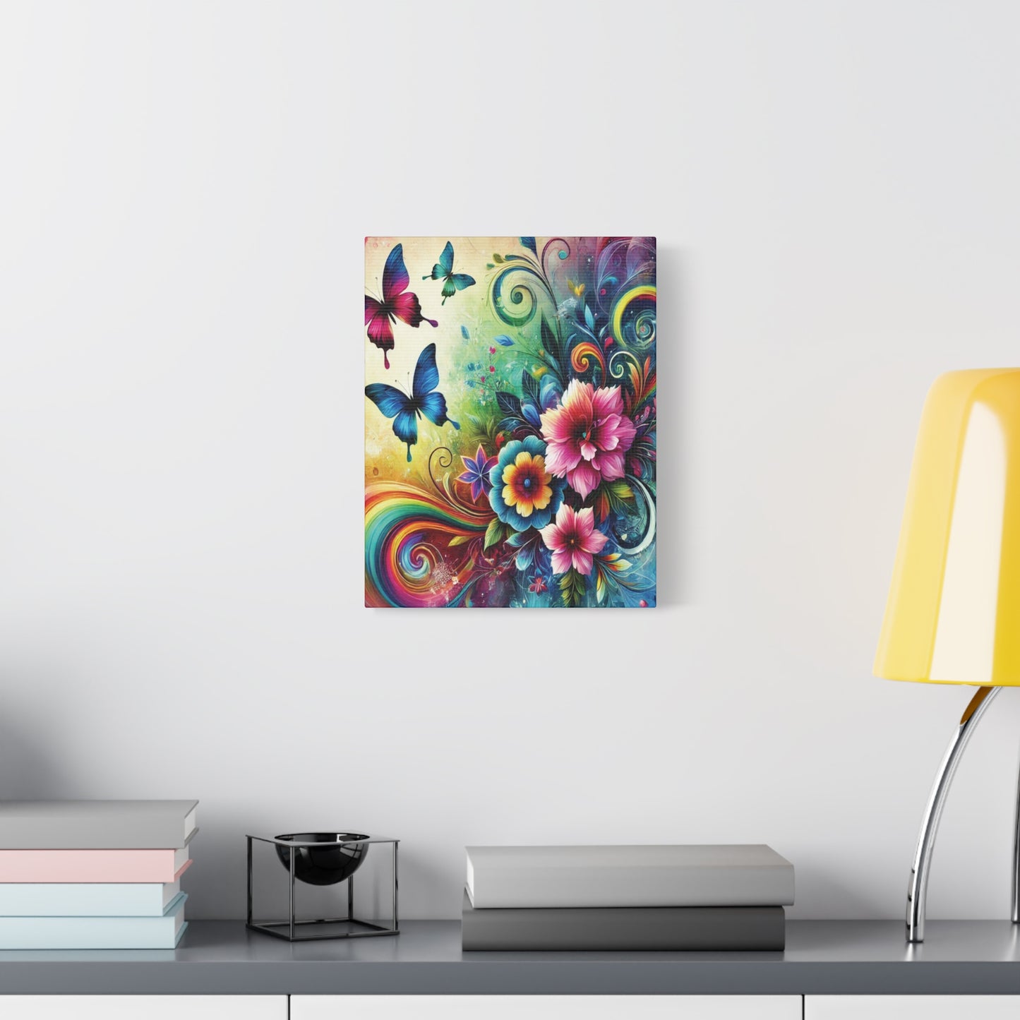 Whimsical Rainbow Floral Canvas – Colorful Flowers & Butterflies Wall Art