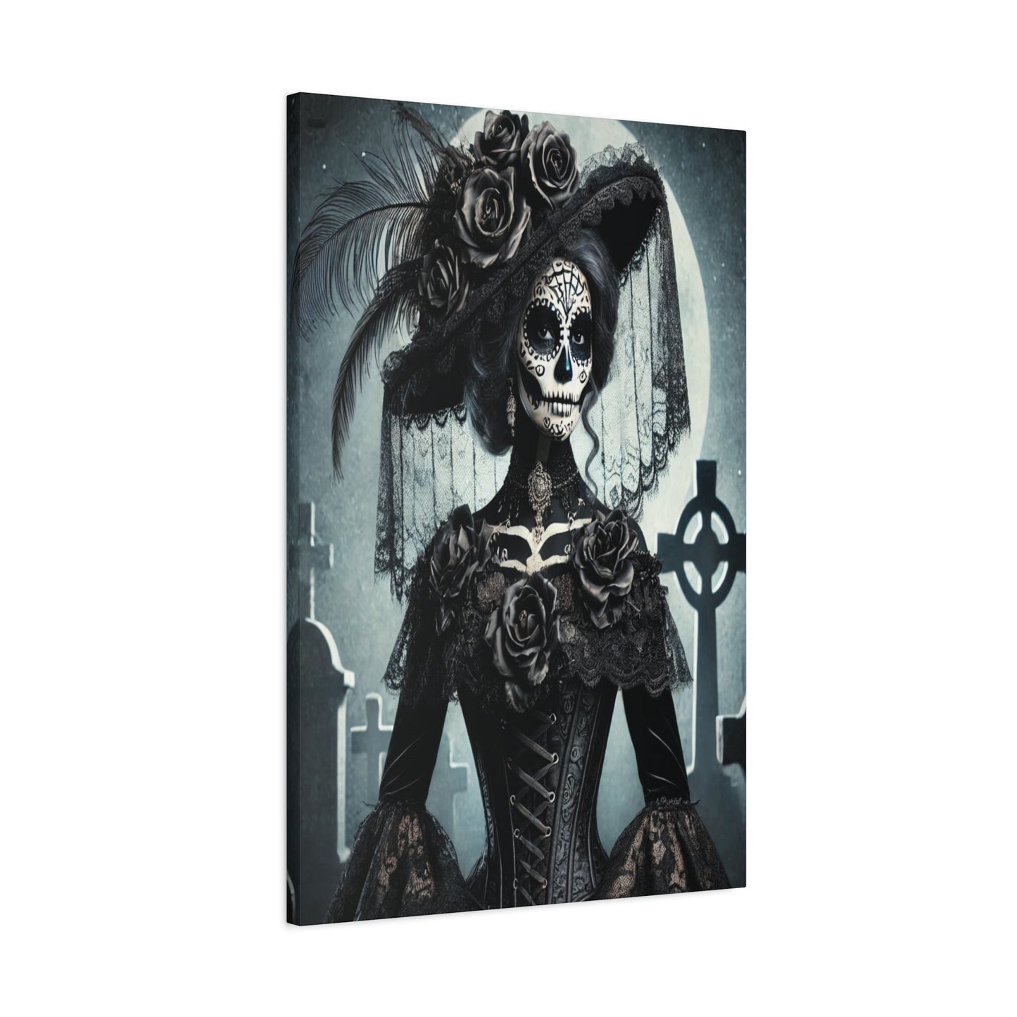 Gothic Day of the Dead Canvas Art – Elegant Sugar Skull Woman in Victorian Dress