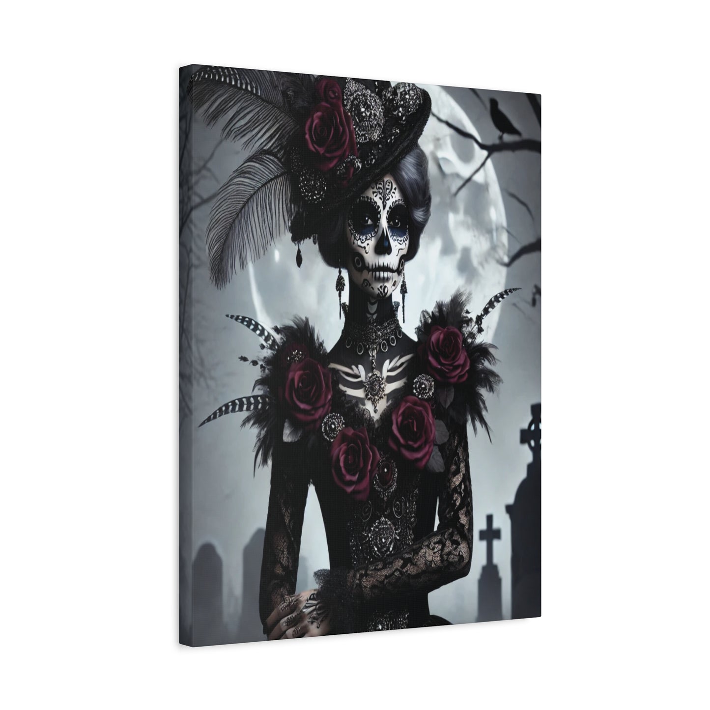 Dark Elegance Sugar Skull Canvas – Gothic Day of the Dead Rose Queen Print