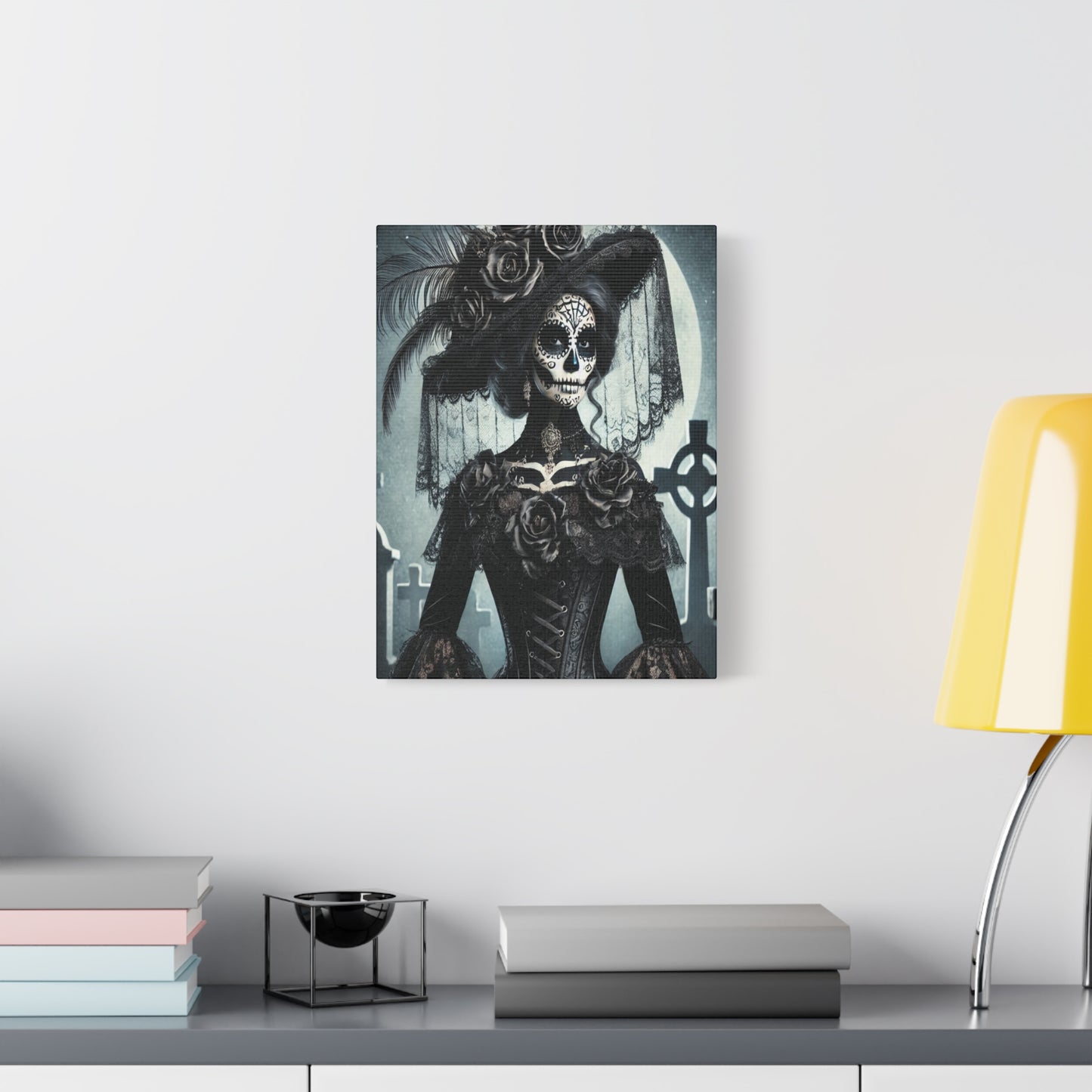 Gothic Day of the Dead Canvas Art – Elegant Sugar Skull Woman in Victorian Dress