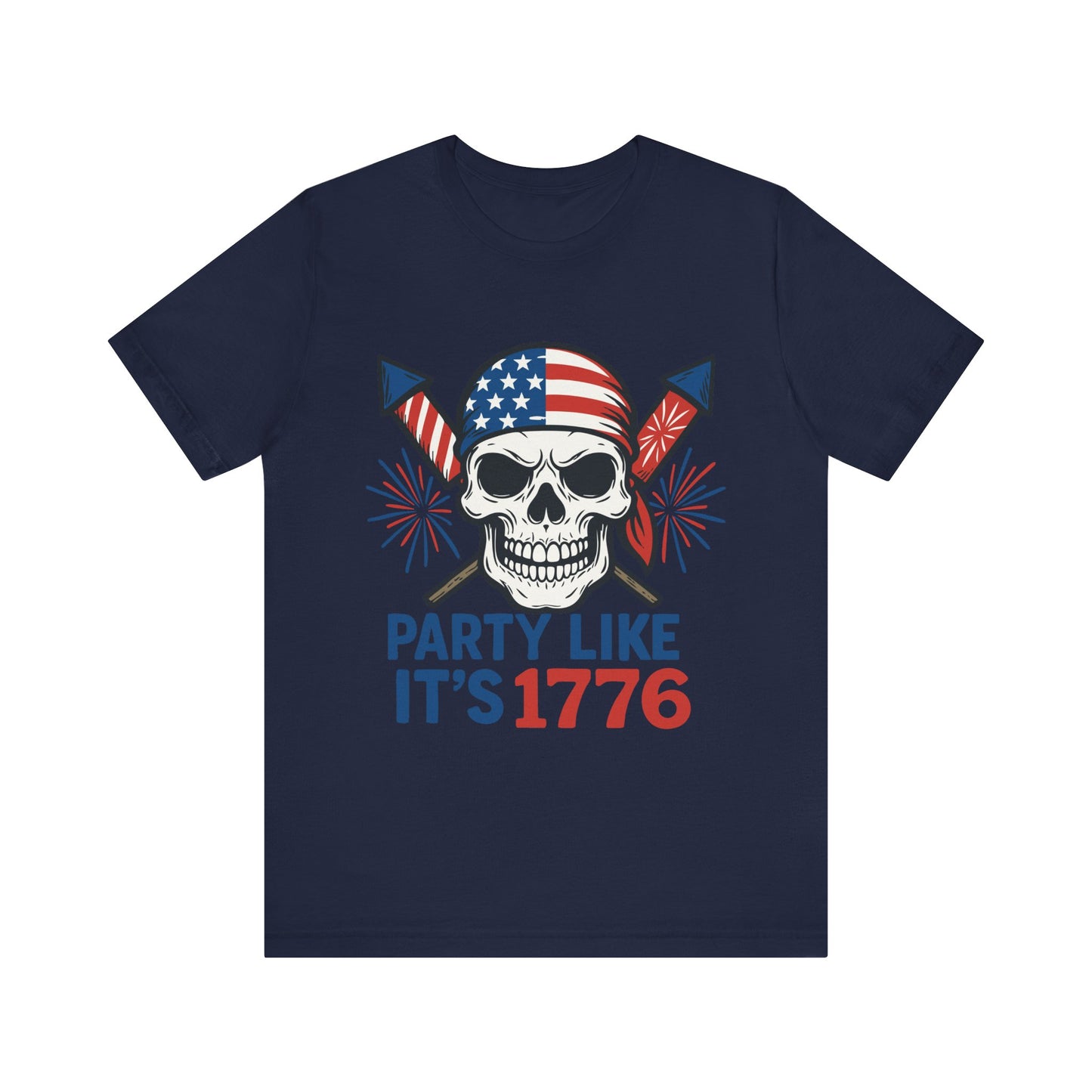 Navy blue "Party Like It’s 1776" patriotic skull 4th of July T-shirt with American flag and fireworks design