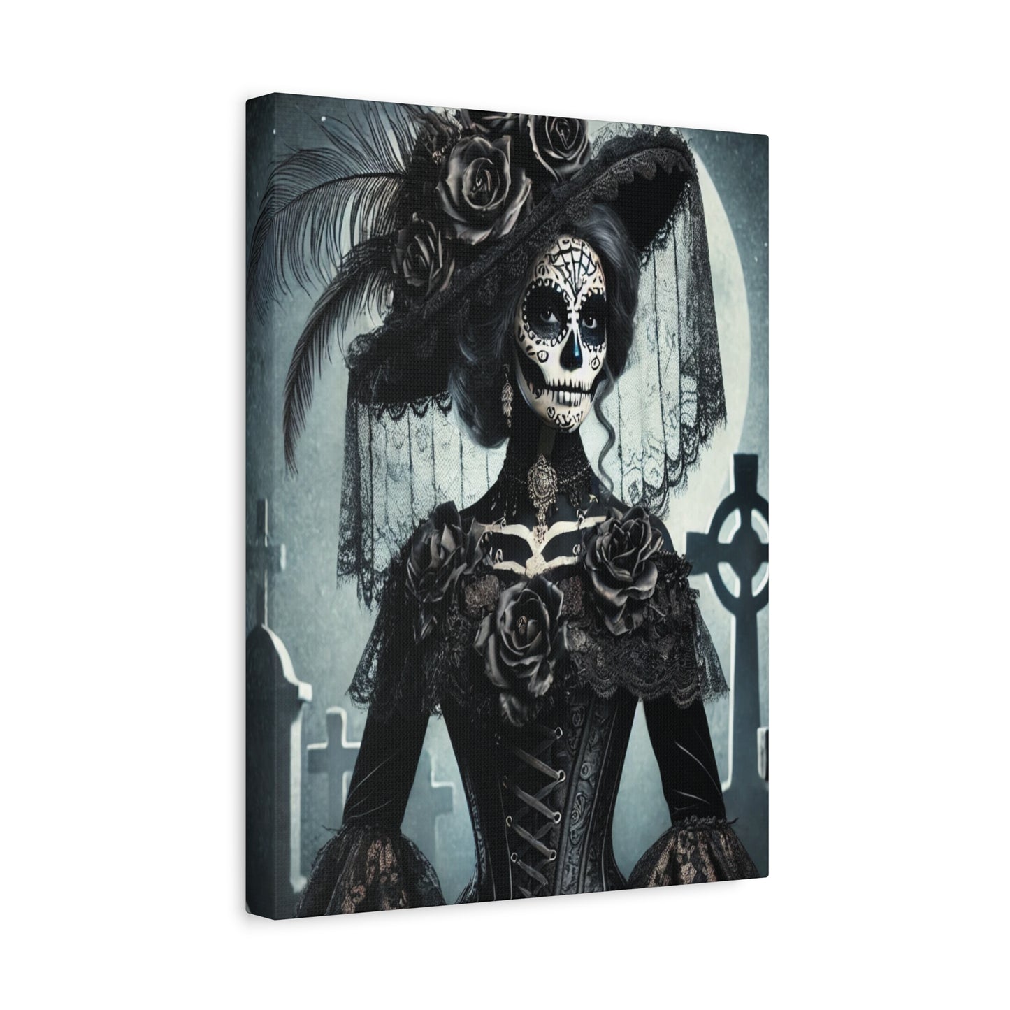 Gothic Day of the Dead Canvas Art – Elegant Sugar Skull Woman in Victorian Dress