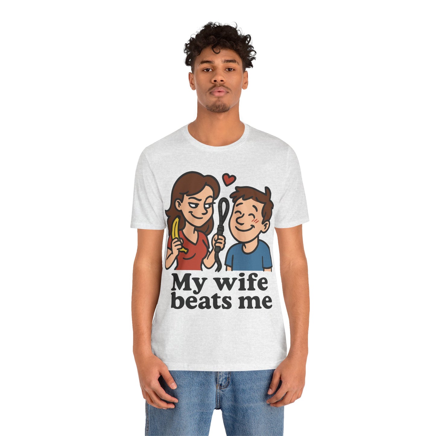 Funny "My Wife Beats Me" Cartoon T-Shirt – Playful Marriage Humor Tee