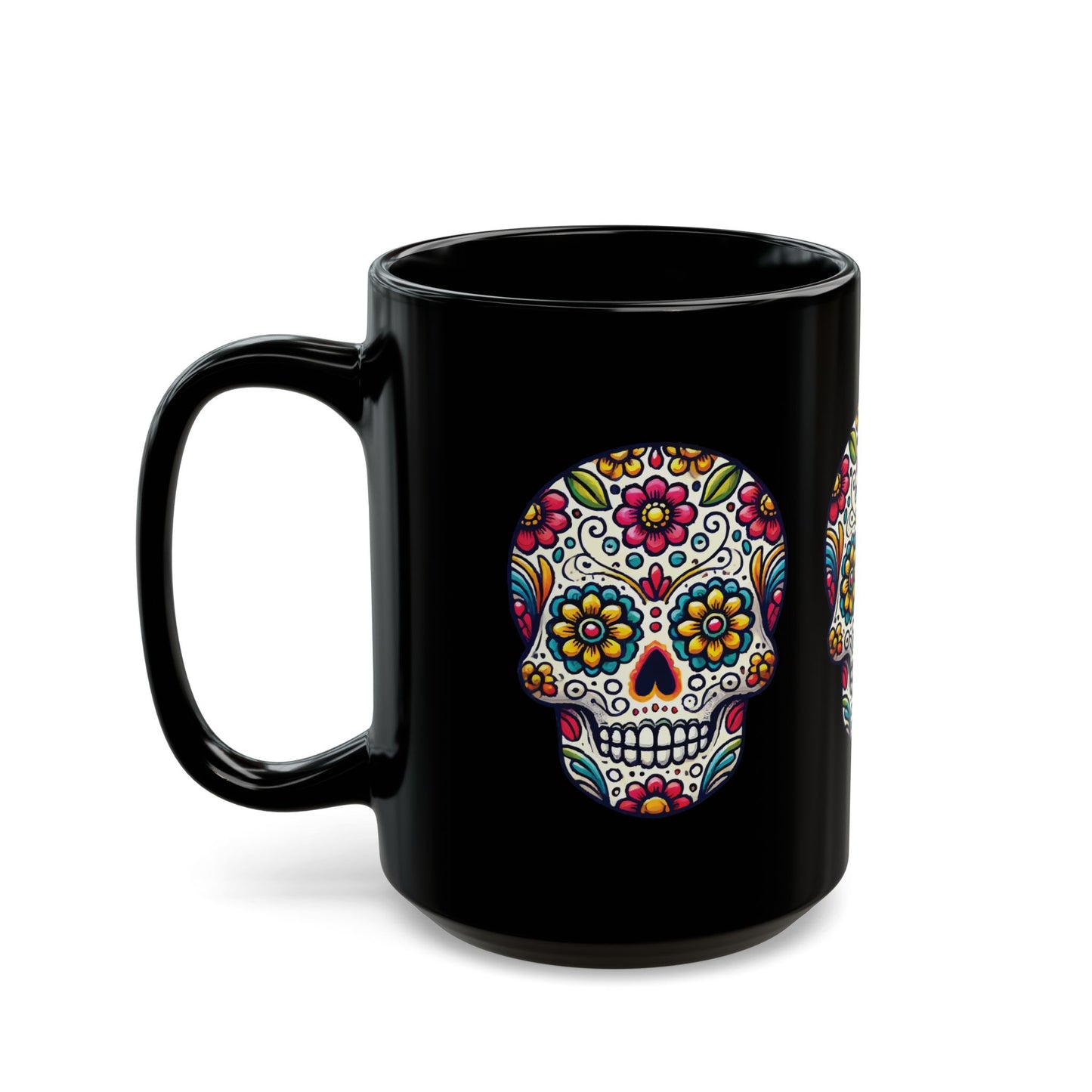 Day of the Dead Sugar Skull Black Mug – Colorful Floral Skull Design