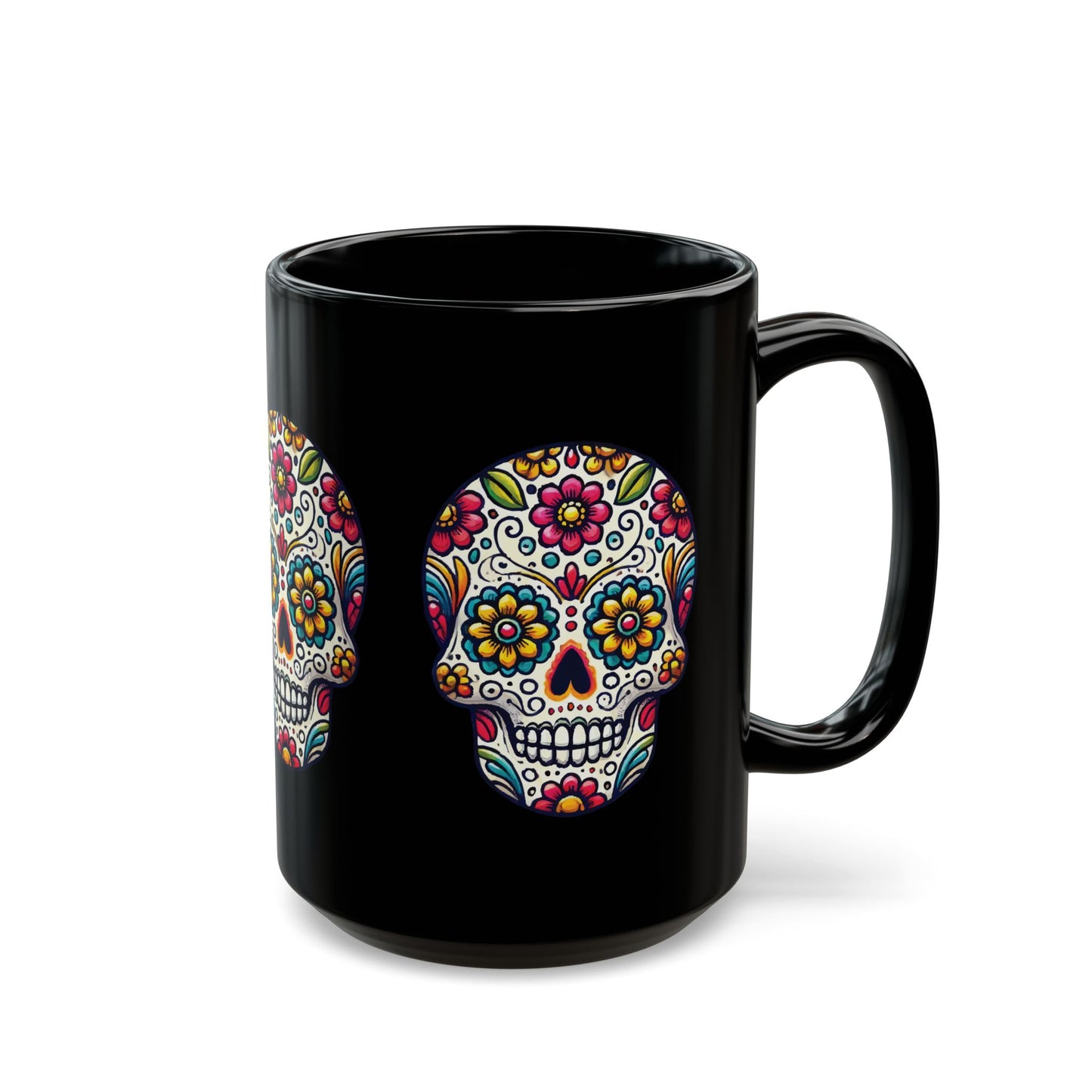 Day of the Dead Sugar Skull Black Mug – Colorful Floral Skull Design