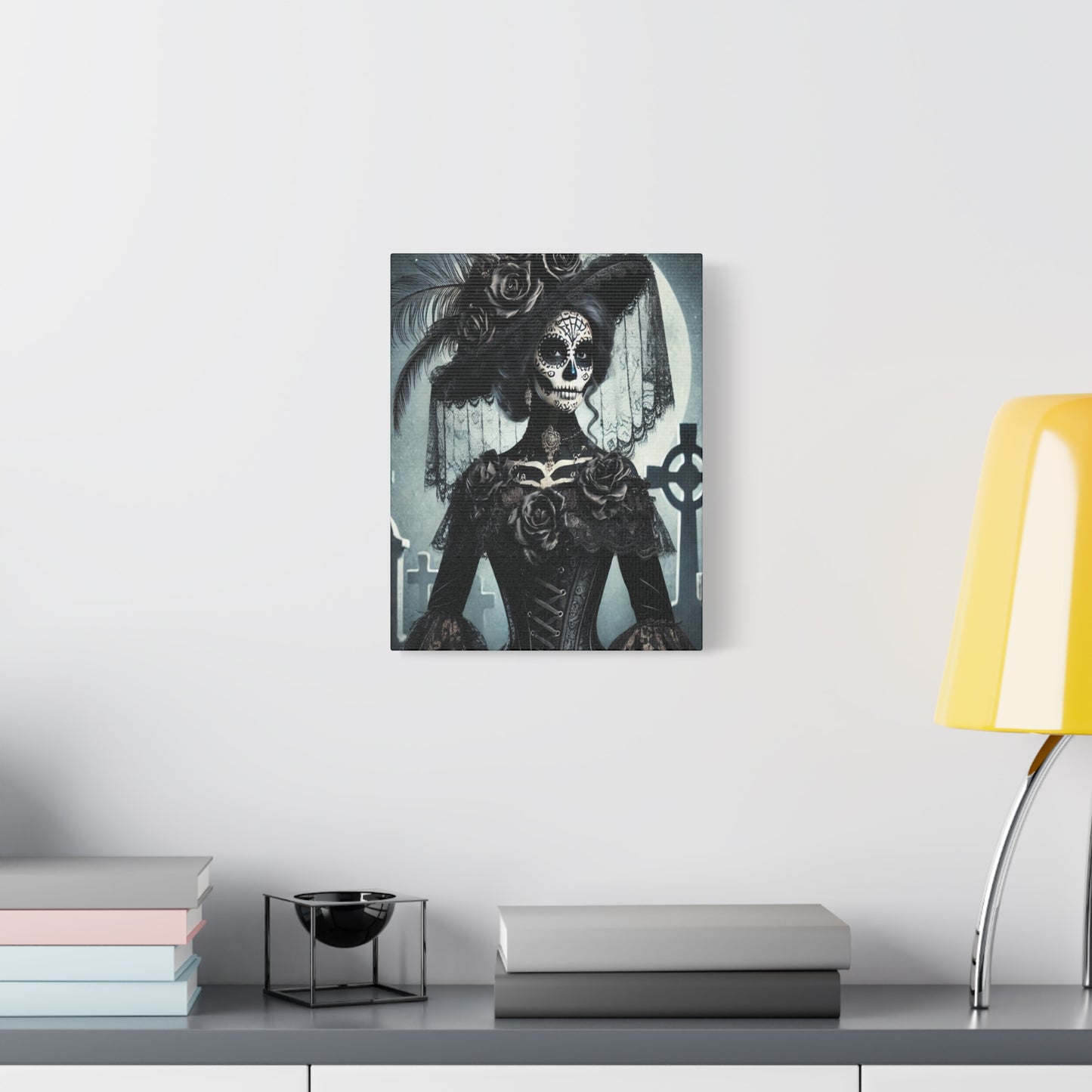 Gothic Day of the Dead Canvas Art – Elegant Sugar Skull Woman in Victorian Dress