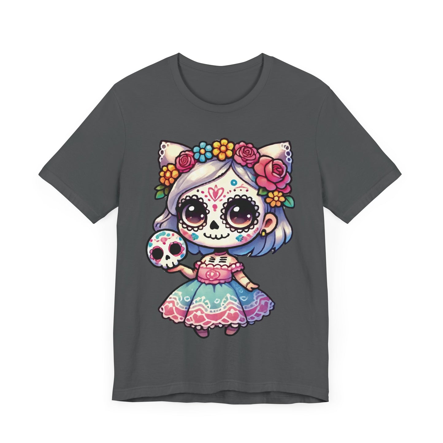 Kawaii Cat Sugar Skull Girl T-Shirt – Cute Day of the Dead Cat Girl Tee – Dia de los Muertos Shirt