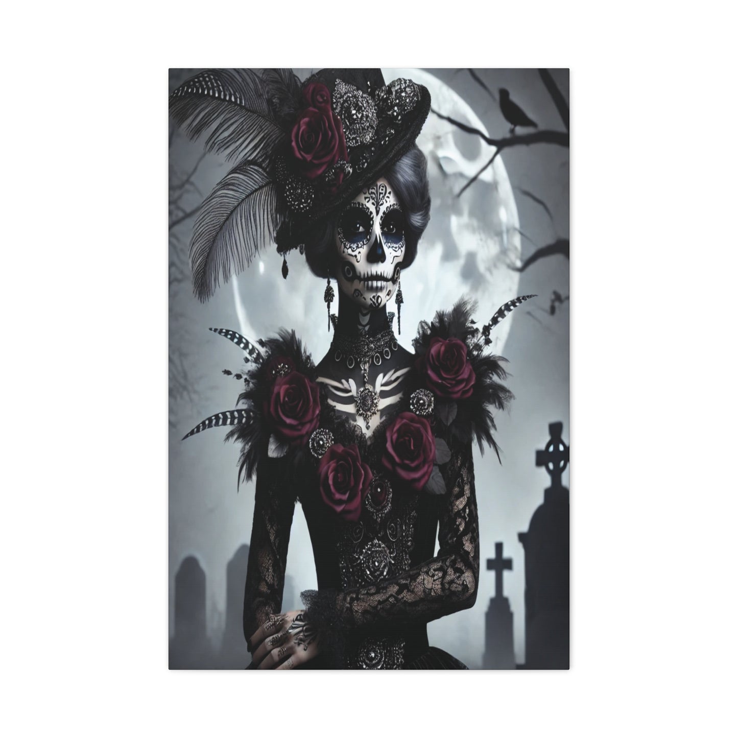 Dark Elegance Sugar Skull Canvas – Gothic Day of the Dead Rose Queen Print