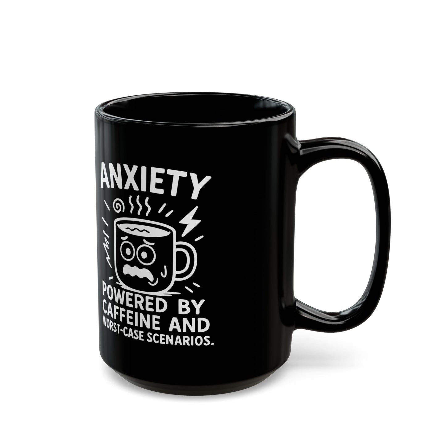 Anxiety Coffee Mug – "Powered by Caffeine and Worst-Case Scenarios" Funny Black Mug