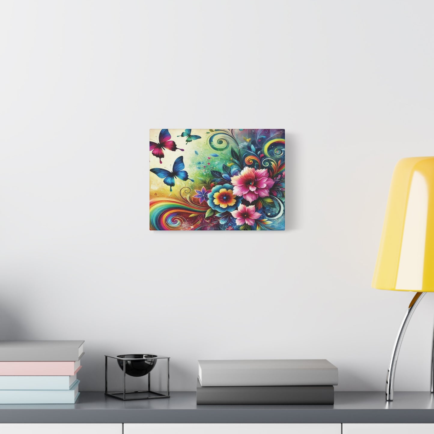 Whimsical Rainbow Floral Canvas – Colorful Flowers & Butterflies Wall Art