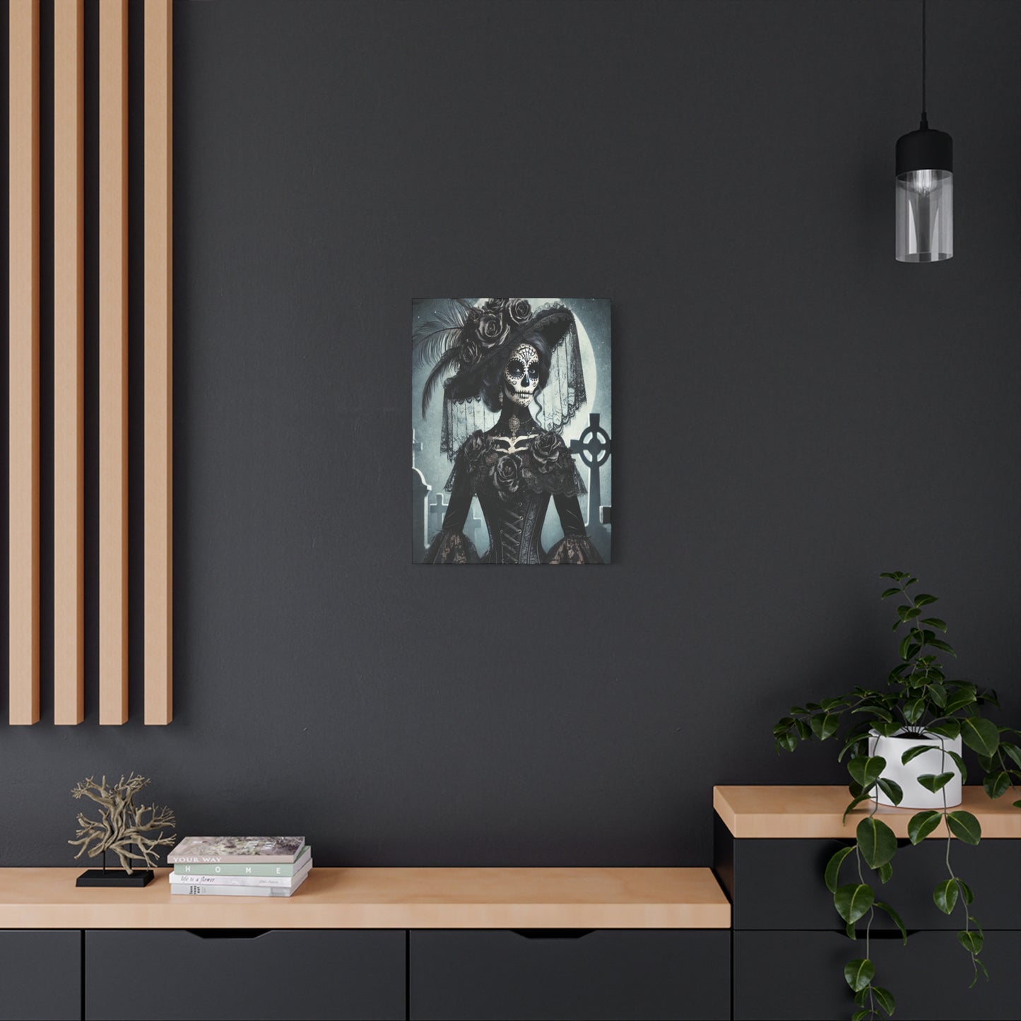 Gothic Day of the Dead Canvas Art – Elegant Sugar Skull Woman in Victorian Dress