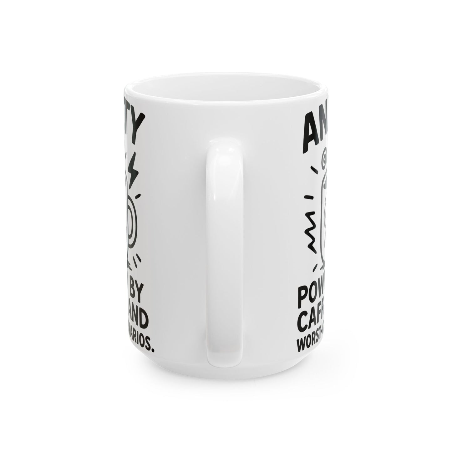 Funny Anxiety Coffee Mug – "Powered by Caffeine and Worst-Case Scenarios" – White Ceramic Mug