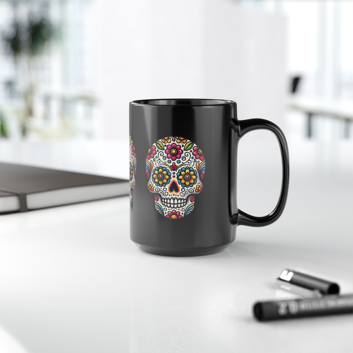 Day of the Dead Sugar Skull Black Mug – Colorful Floral Skull Design