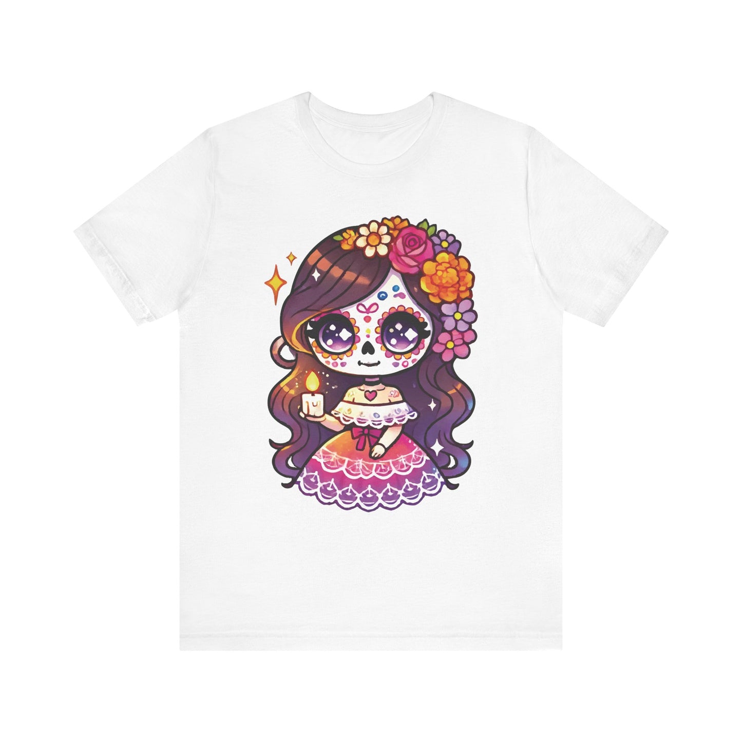 White t-shirt with kawaii sugar skull girl holding a candle, flowing brown hair, colorful floral crown, and pink Mexican dress.