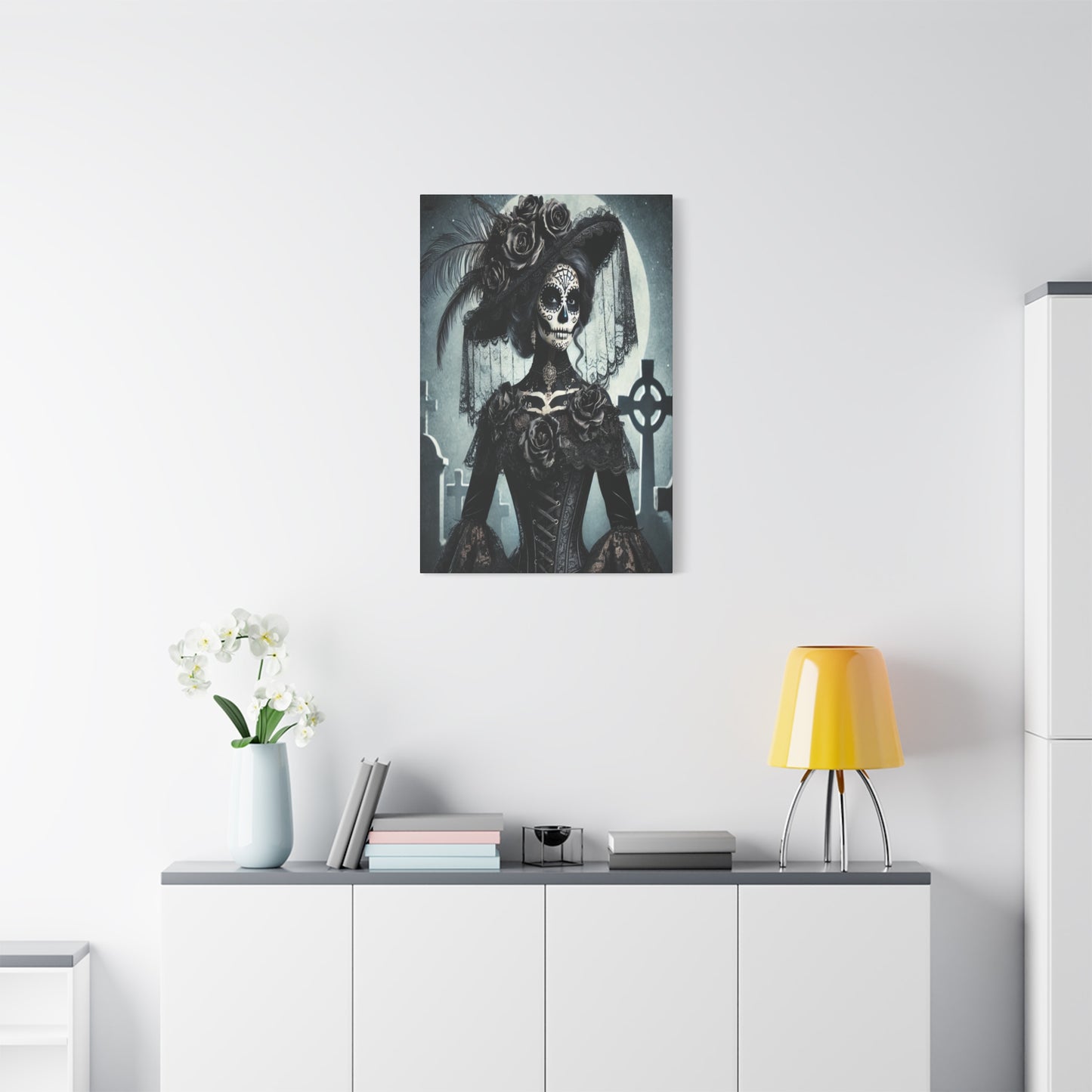 Gothic Day of the Dead Canvas Art – Elegant Sugar Skull Woman in Victorian Dress