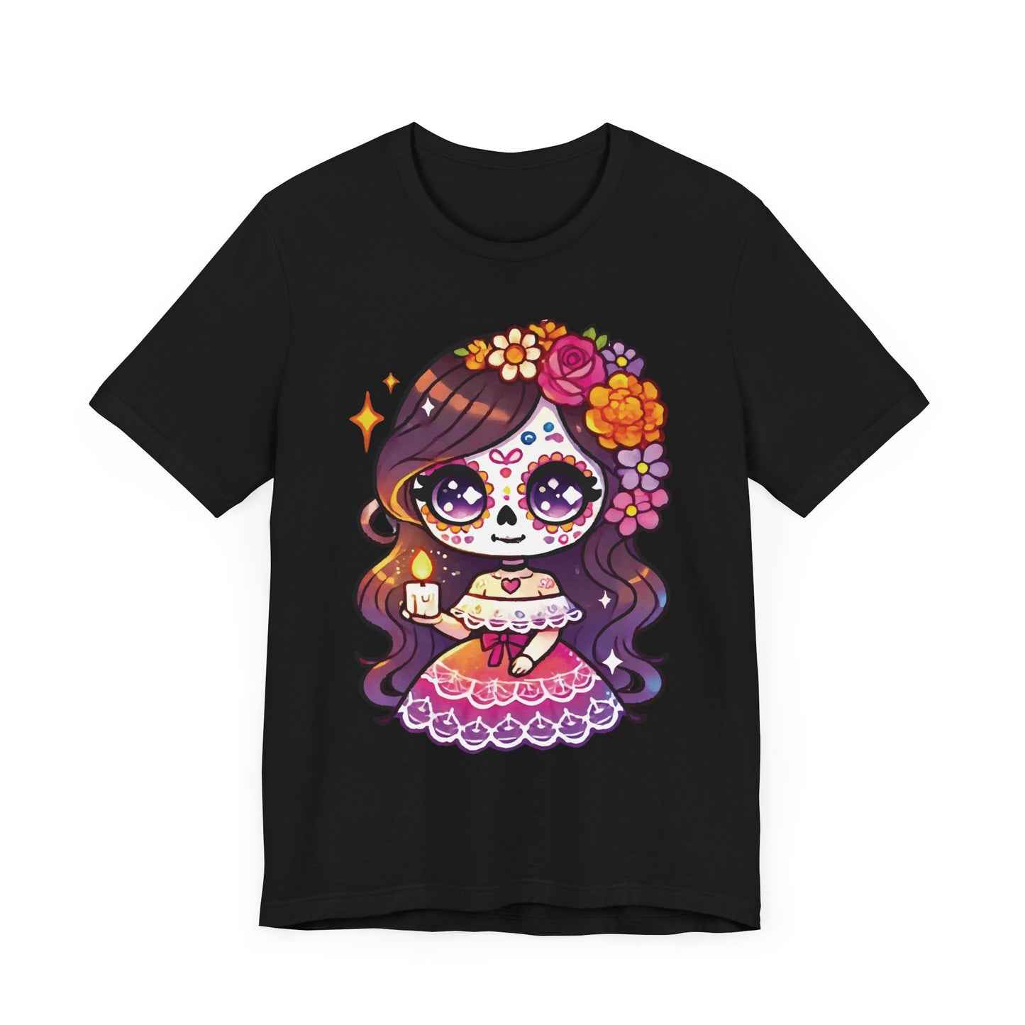 Kawaii Sugar Skull Girl with Candle T-Shirt - Día de los Muertos Cute Tee