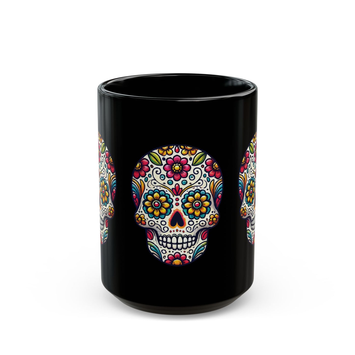 Day of the Dead Sugar Skull Black Mug – Colorful Floral Skull Design