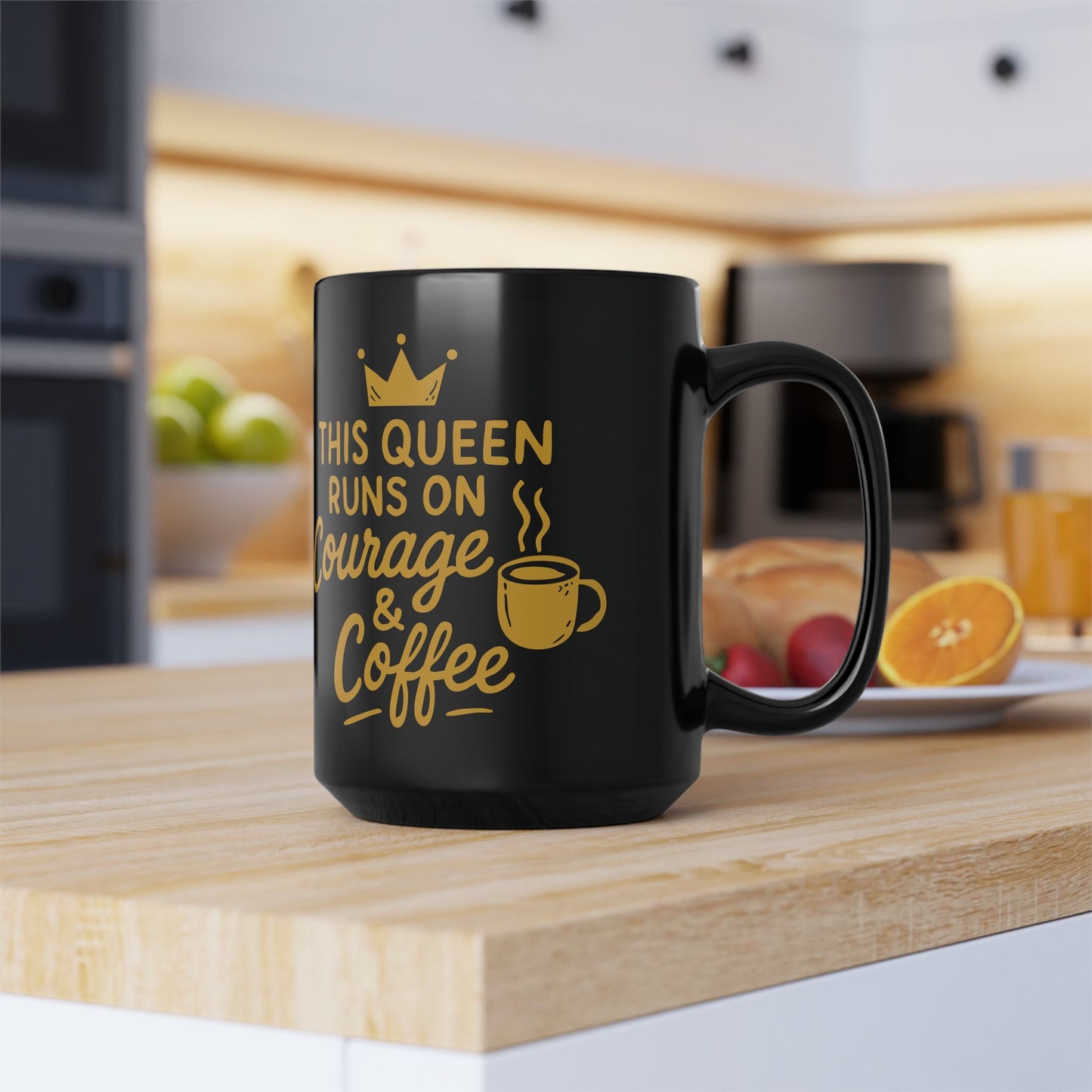 "This Queen Runs on Courage & Coffee" Black Mug – Empowering Quote Gift for Women