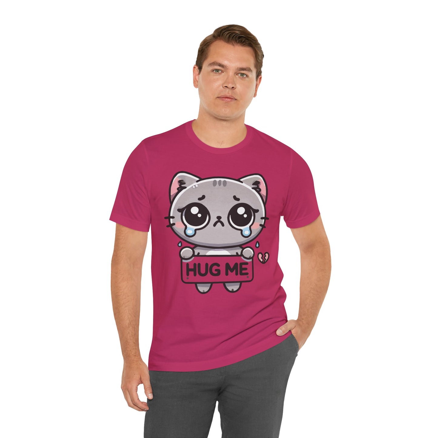Hug Me T-Shirt – Sad Kawaii Cat Graphic Tee – Cute & Emotional Anime Style Shirt