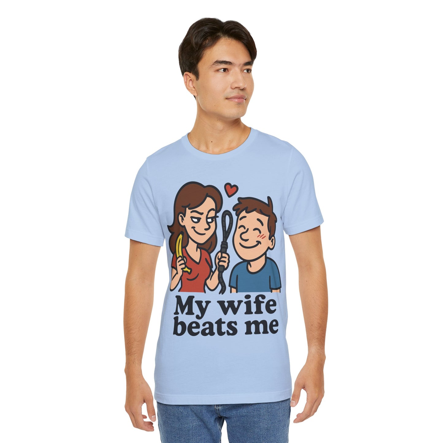 Funny "My Wife Beats Me" Cartoon T-Shirt – Playful Marriage Humor Tee