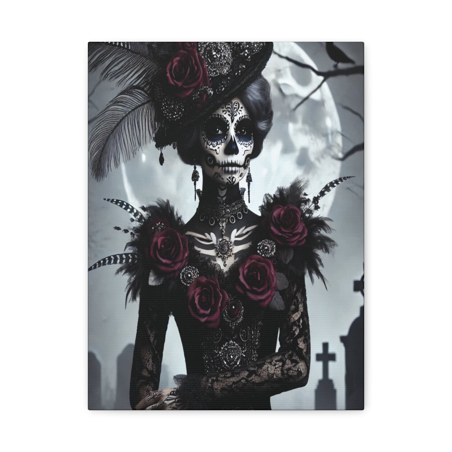 Dark Elegance Sugar Skull Canvas – Gothic Day of the Dead Rose Queen Print