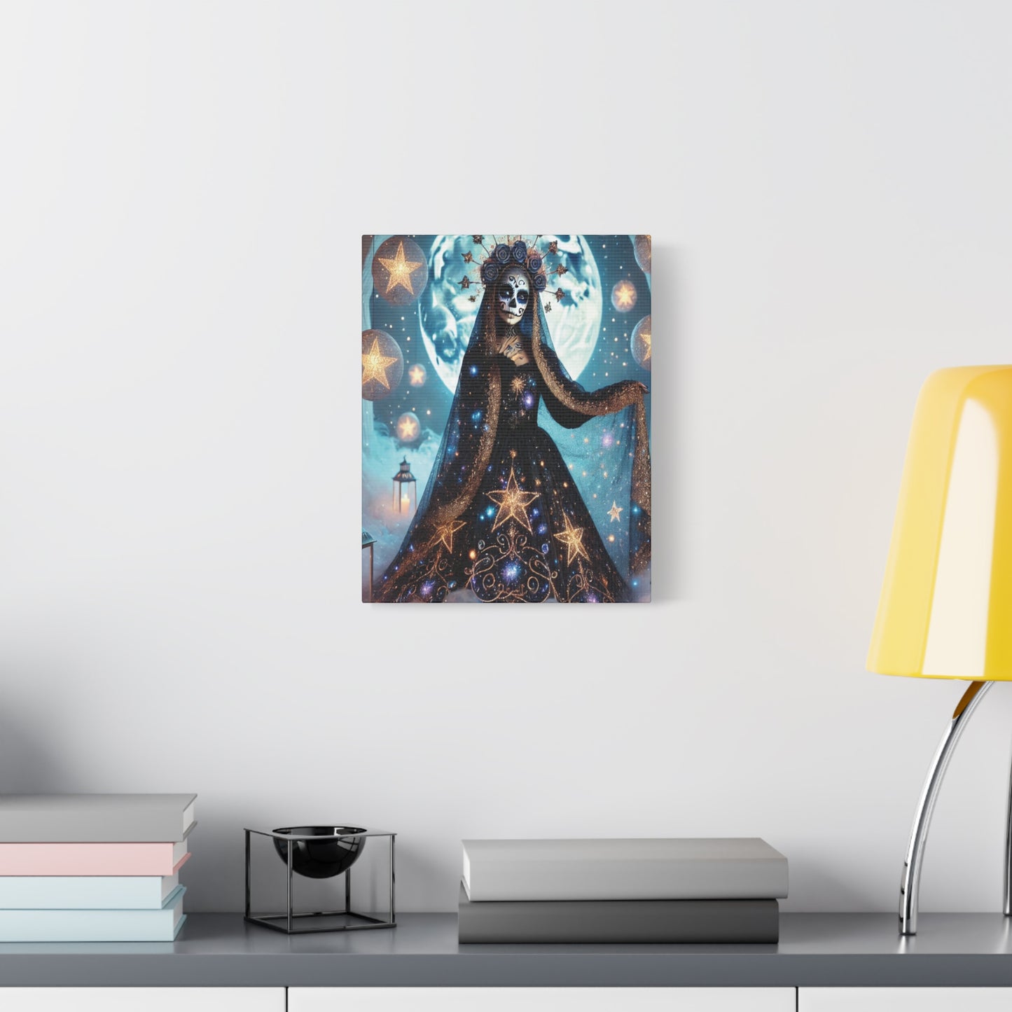 Celestial Sugar Skull Canvas Art – Starry Day of the Dead Goddess Print
