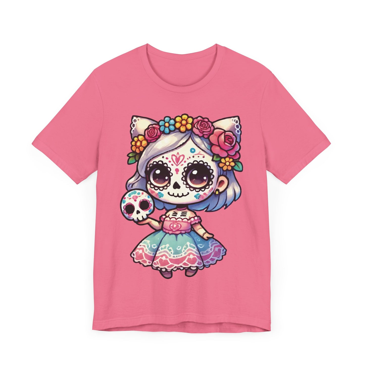 Kawaii Cat Sugar Skull Girl T-Shirt – Cute Day of the Dead Cat Girl Tee – Dia de los Muertos Shirt