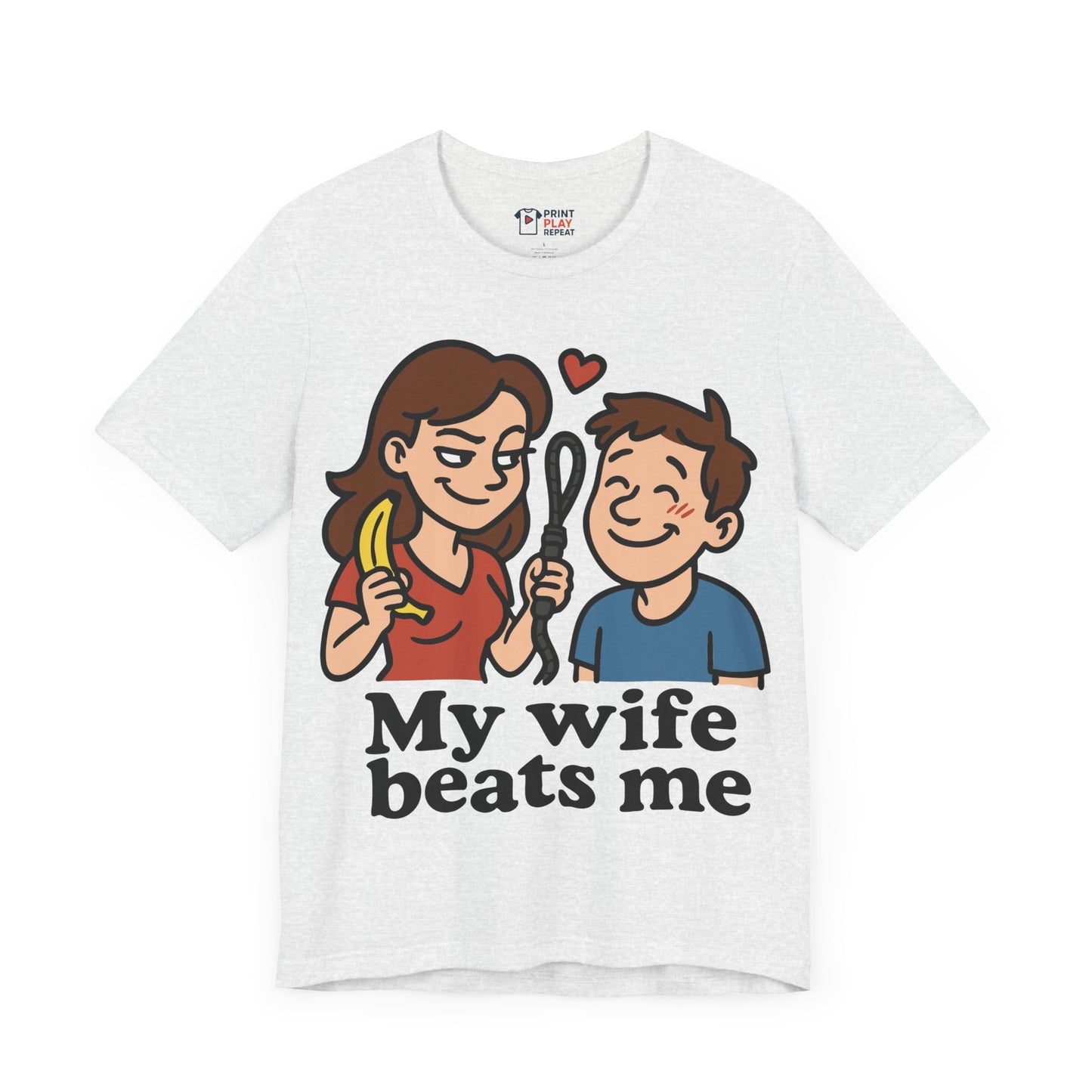 Funny "My Wife Beats Me" Cartoon T-Shirt – Playful Marriage Humor Tee