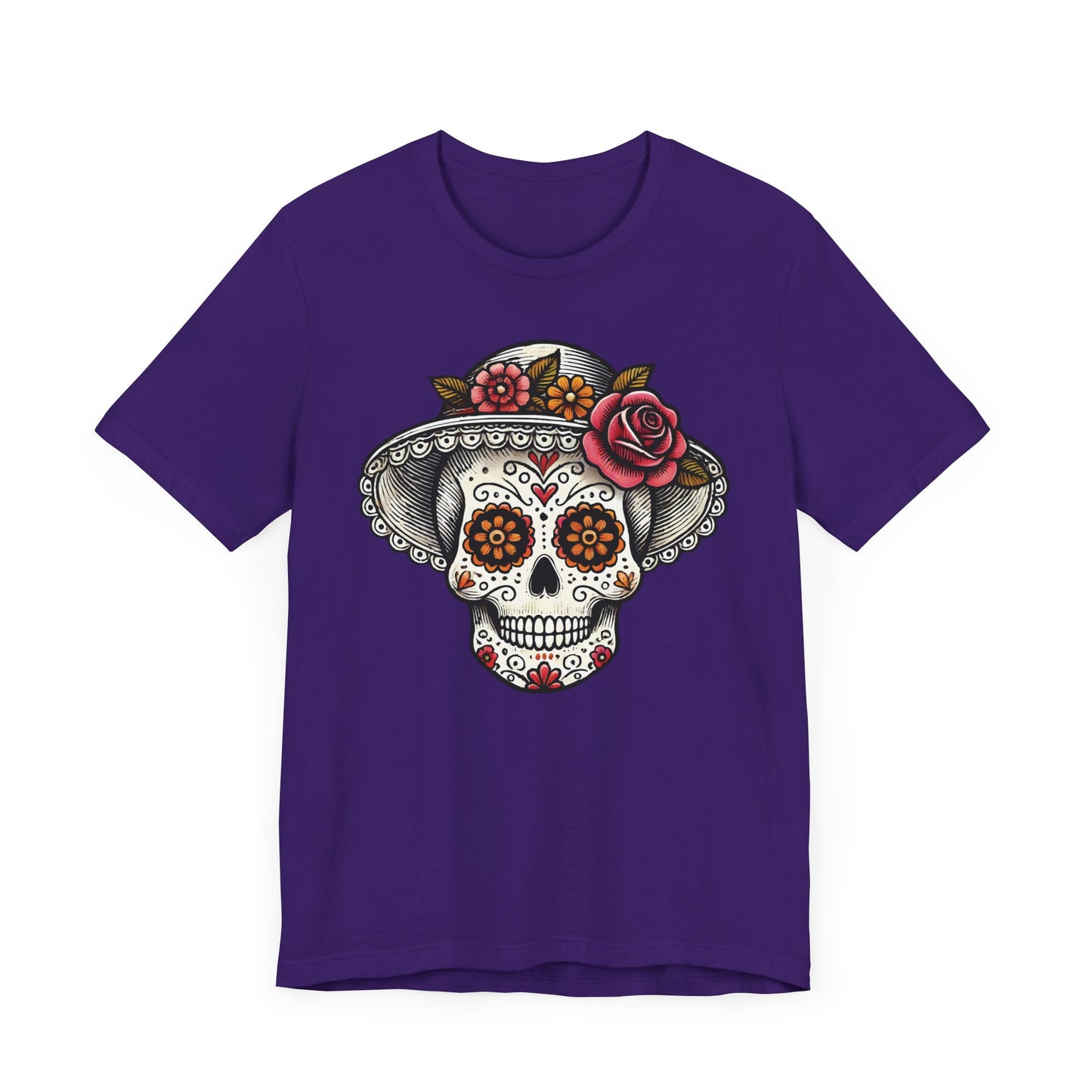 Elegant Catrina Sugar Skull T-Shirt – Lady Skull with Floral Hat – Día de los Muertos Art Tee