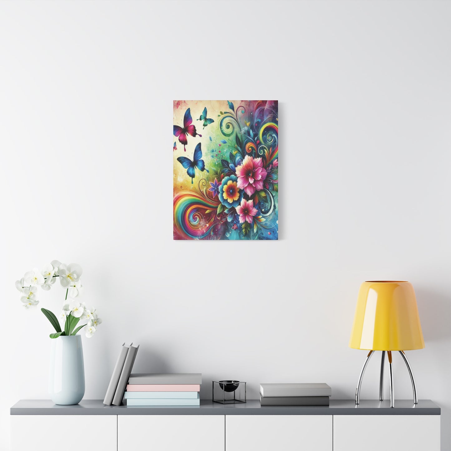 Whimsical Rainbow Floral Canvas – Colorful Flowers & Butterflies Wall Art