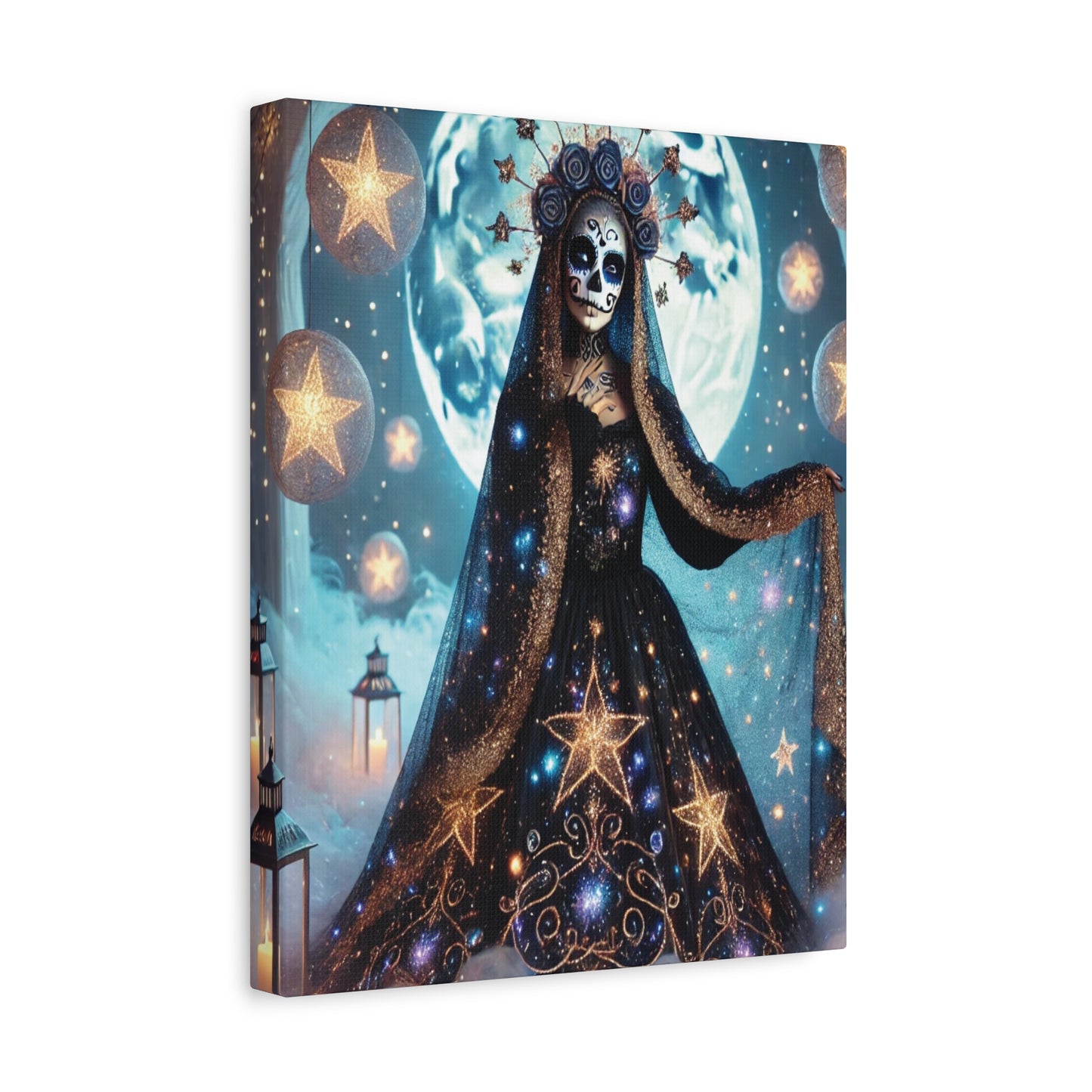 Celestial Sugar Skull Canvas Art – Starry Day of the Dead Goddess Print