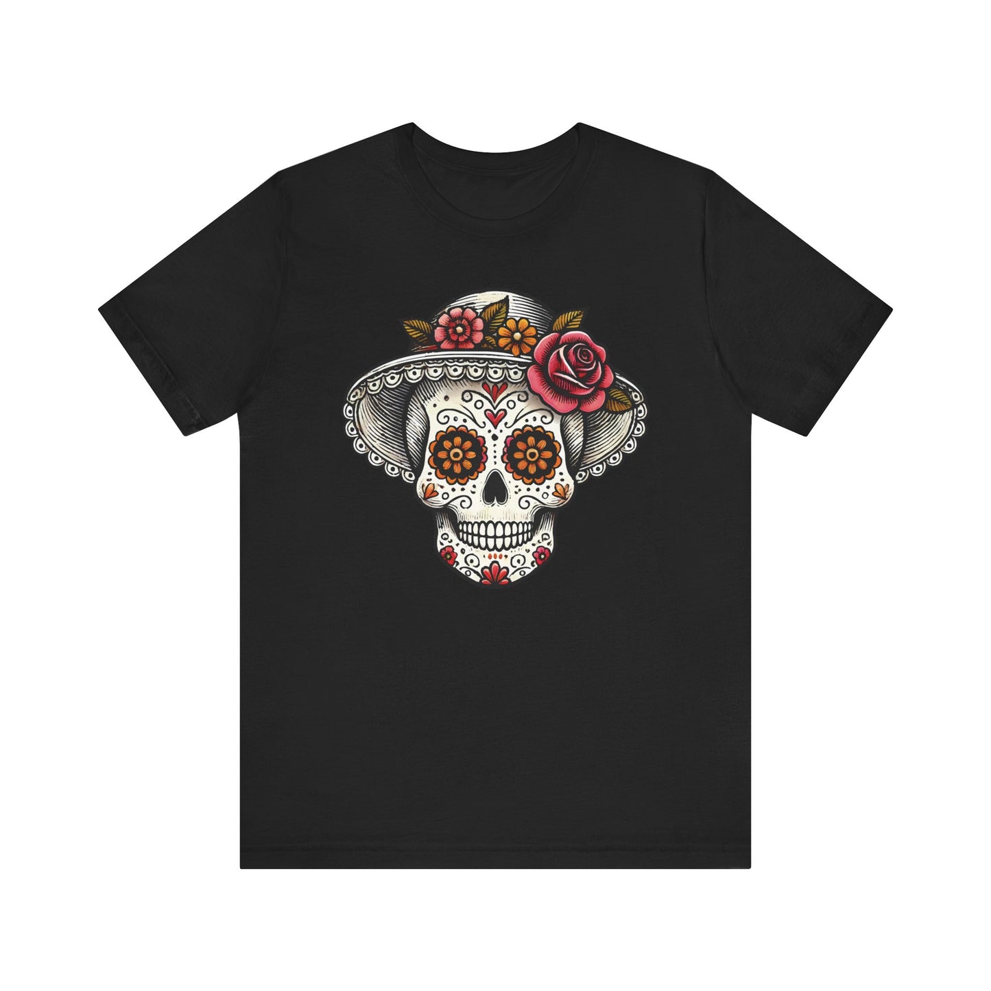 Elegant Catrina Sugar Skull T-Shirt – Lady Skull with Floral Hat – Día de los Muertos Art Tee