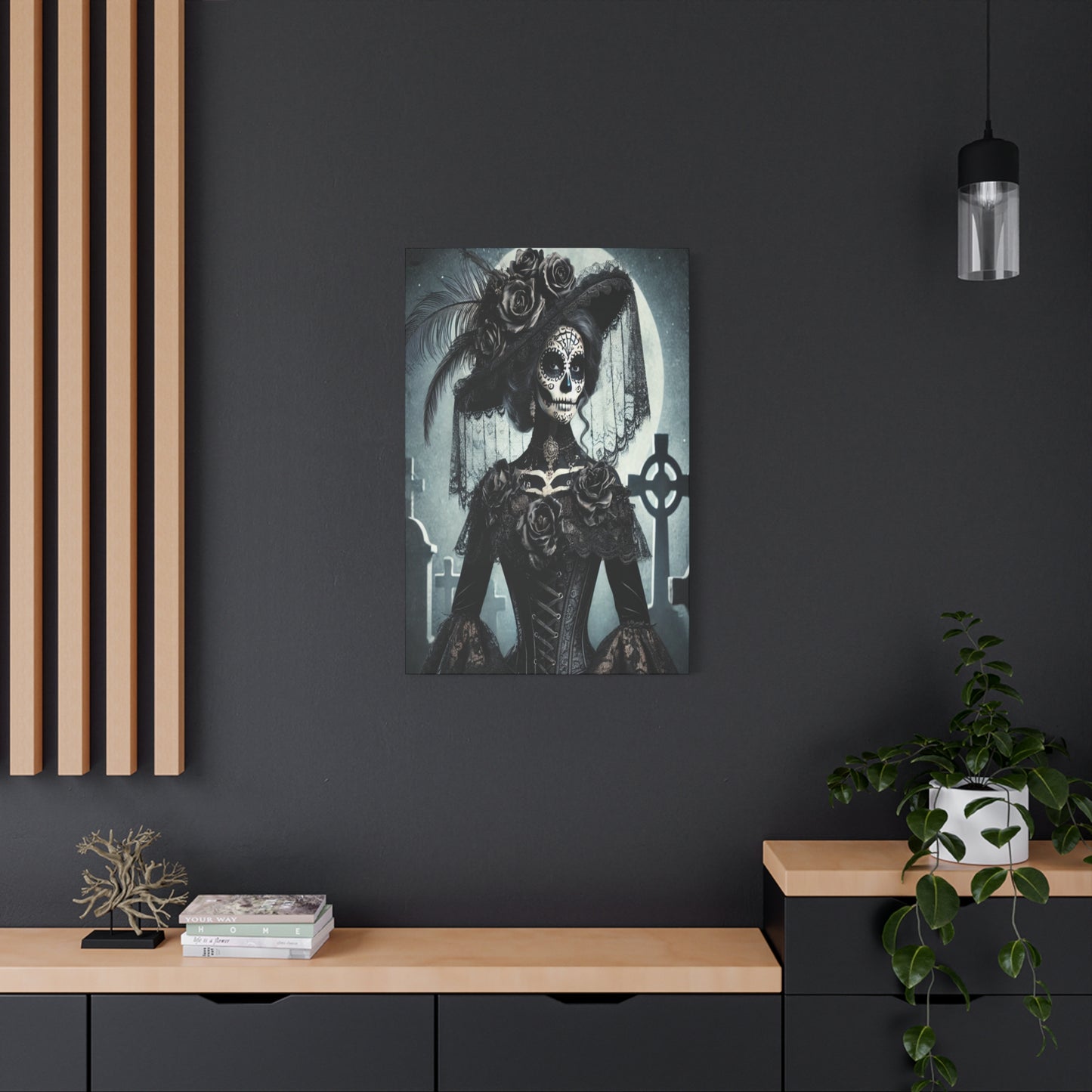Gothic Day of the Dead Canvas Art – Elegant Sugar Skull Woman in Victorian Dress