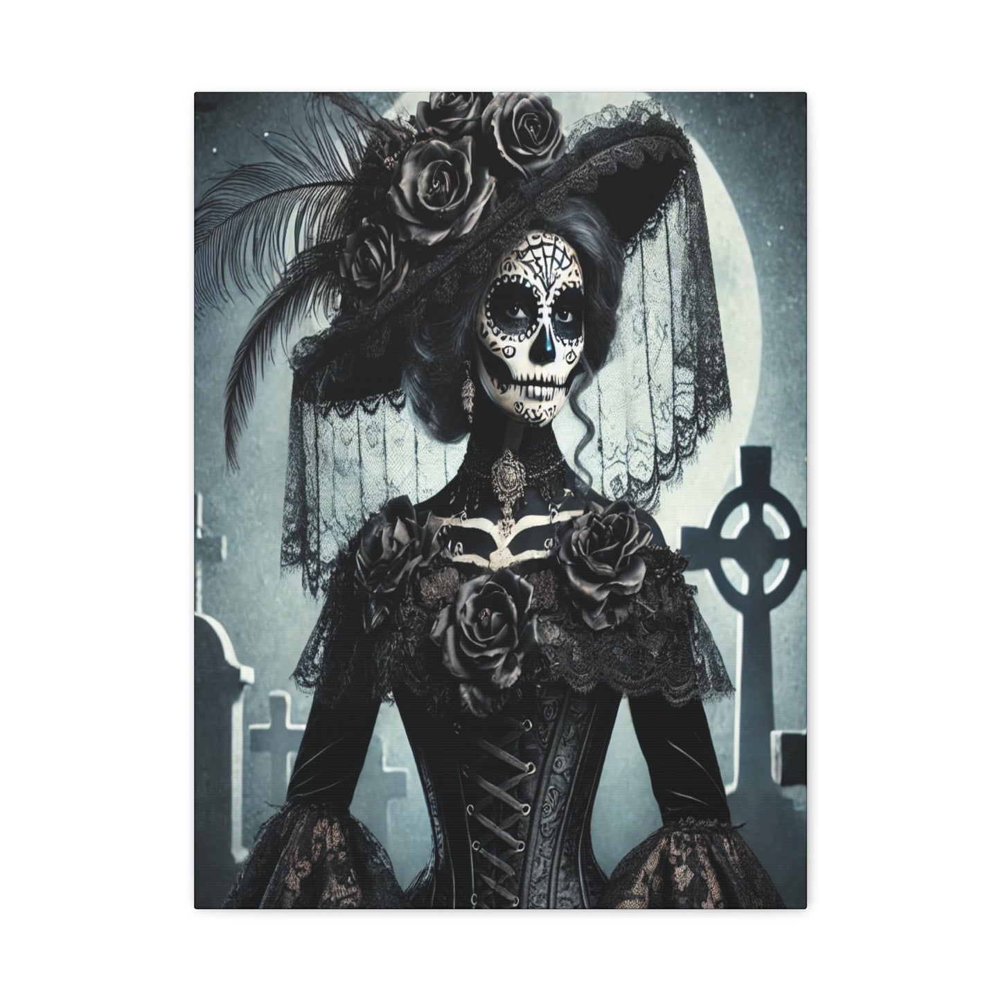 Gothic Day of the Dead Canvas Art – Elegant Sugar Skull Woman in Victorian Dress