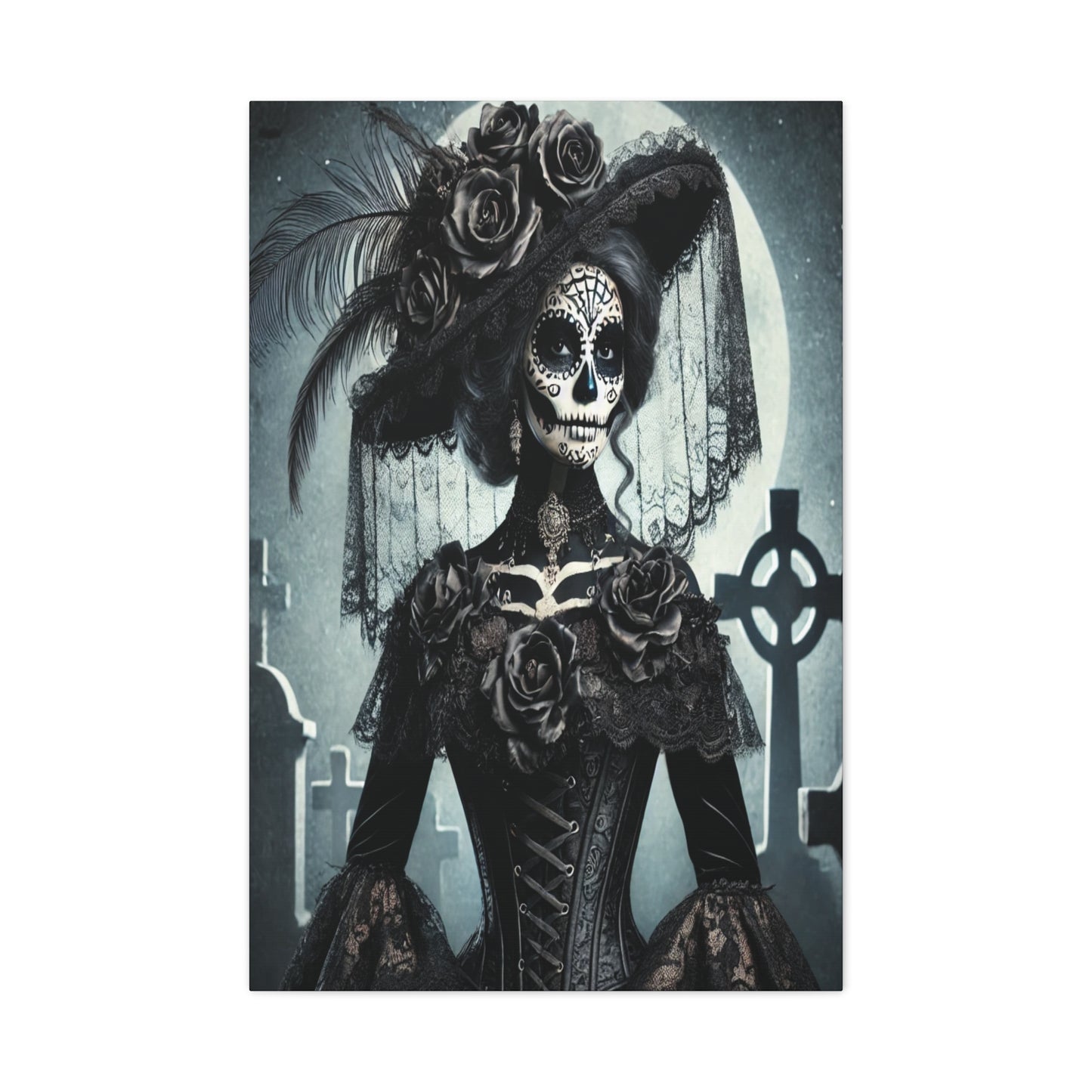 Gothic Day of the Dead Canvas Art – Elegant Sugar Skull Woman in Victorian Dress