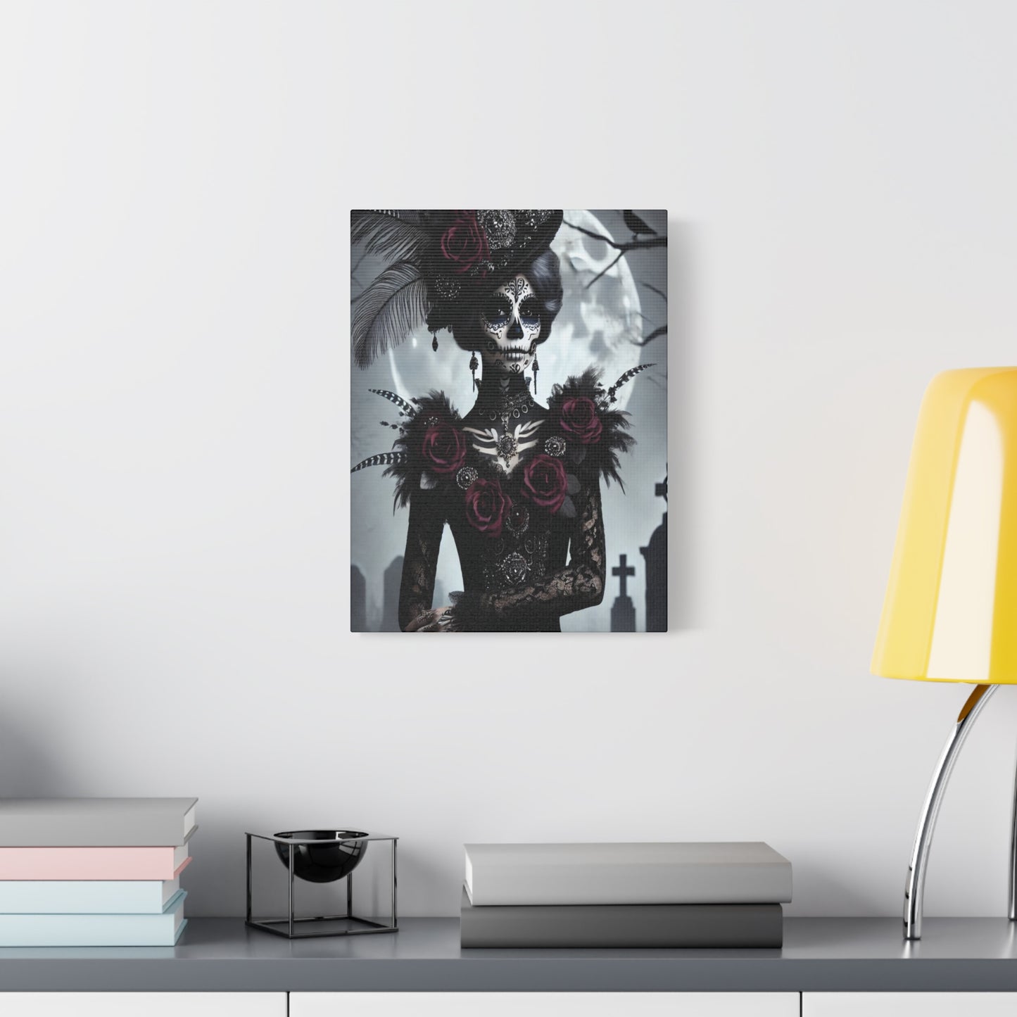 Dark Elegance Sugar Skull Canvas – Gothic Day of the Dead Rose Queen Print