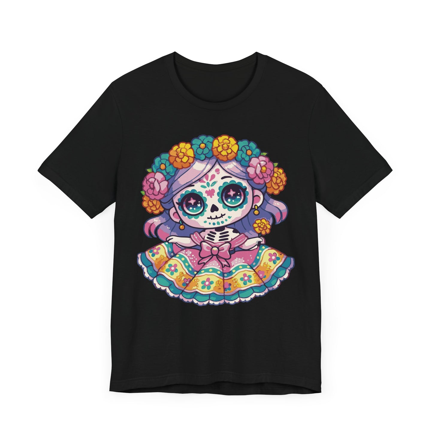 Kawaii Sugar Skull Girl T-Shirt – Colorful Day of the Dead Cute Chibi Tee – Dia de los Muertos Shirt