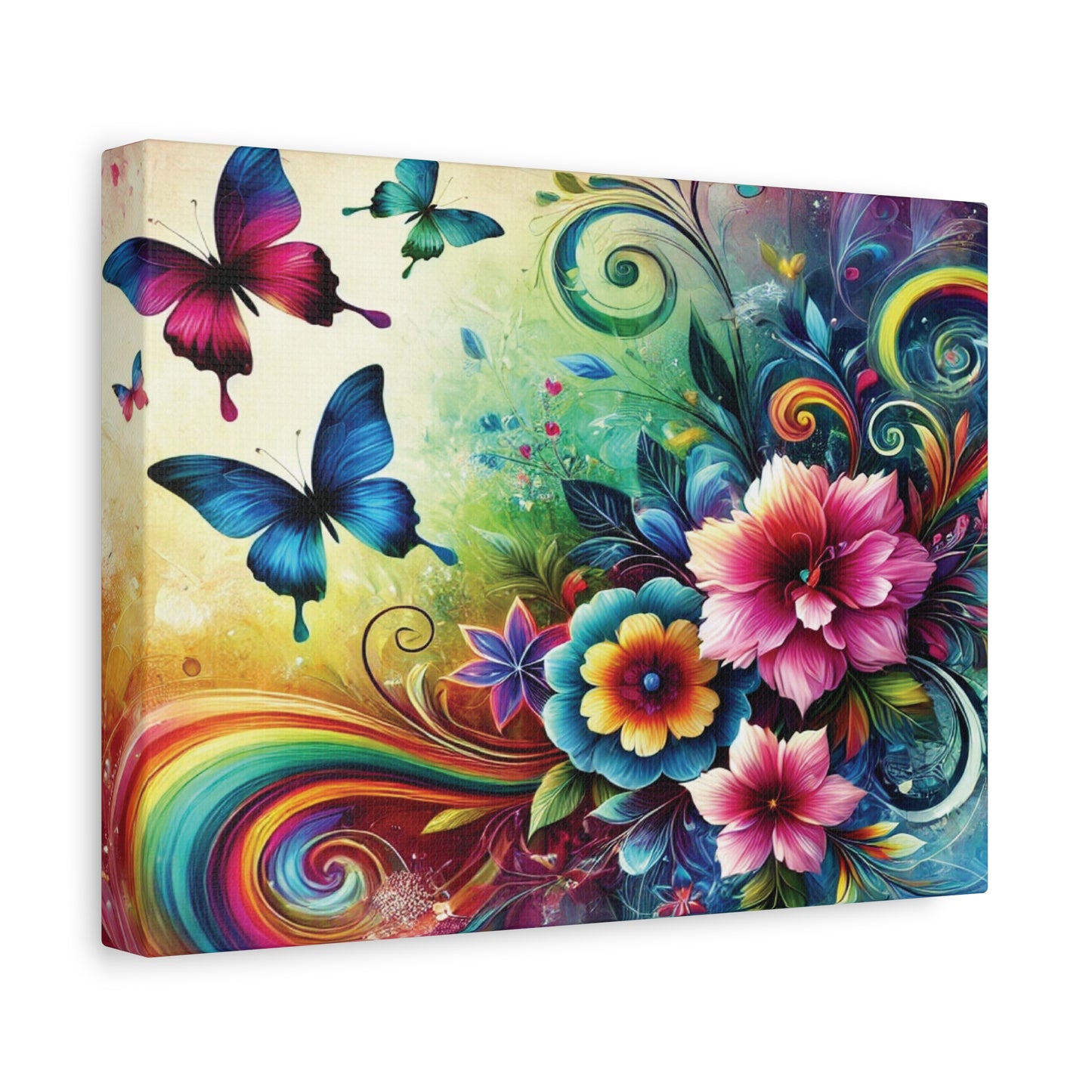 Whimsical Rainbow Floral Canvas – Colorful Flowers & Butterflies Wall Art